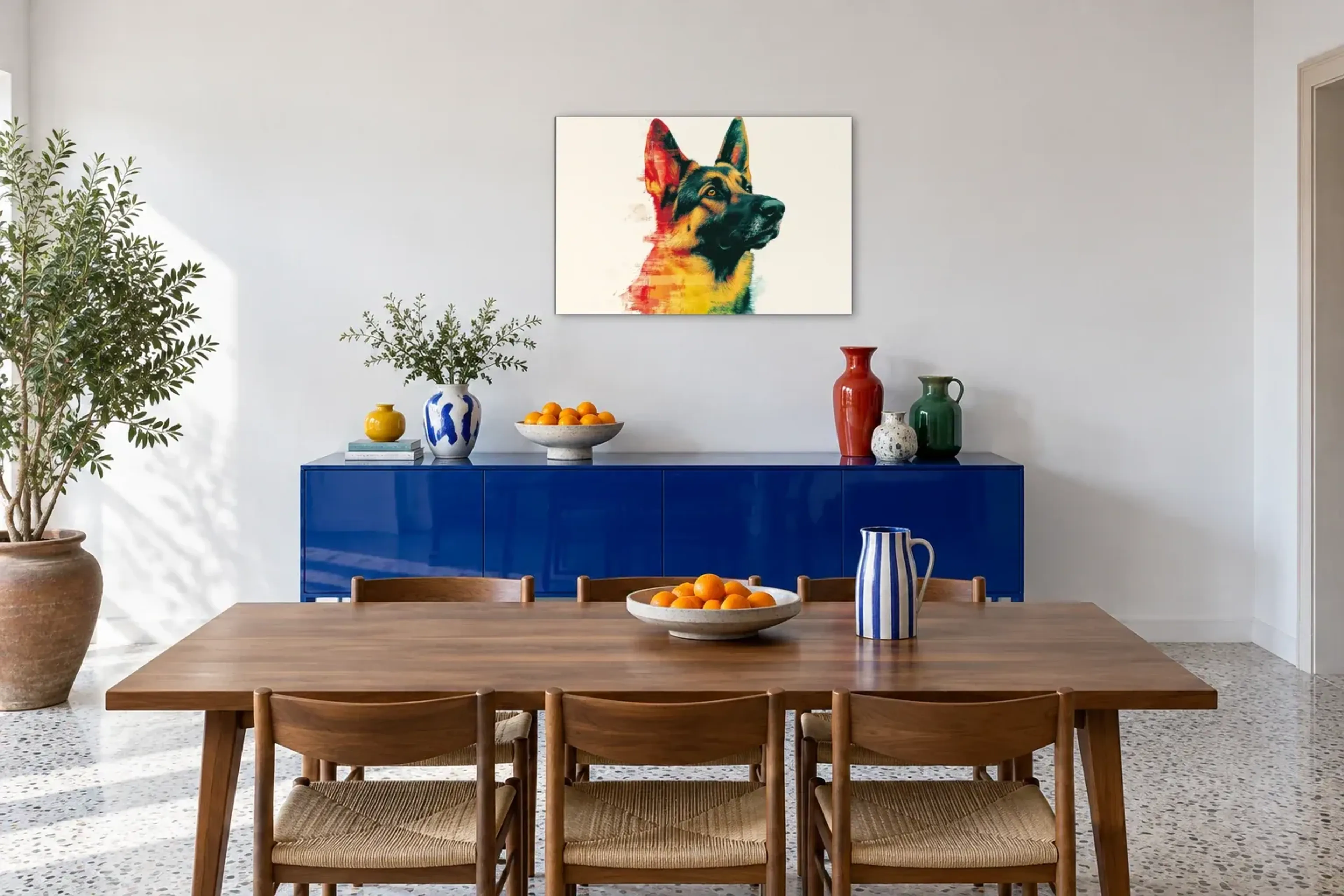 Schäferhund mit wachem Blick als Wandbild über einem 180-cm-Sideboard