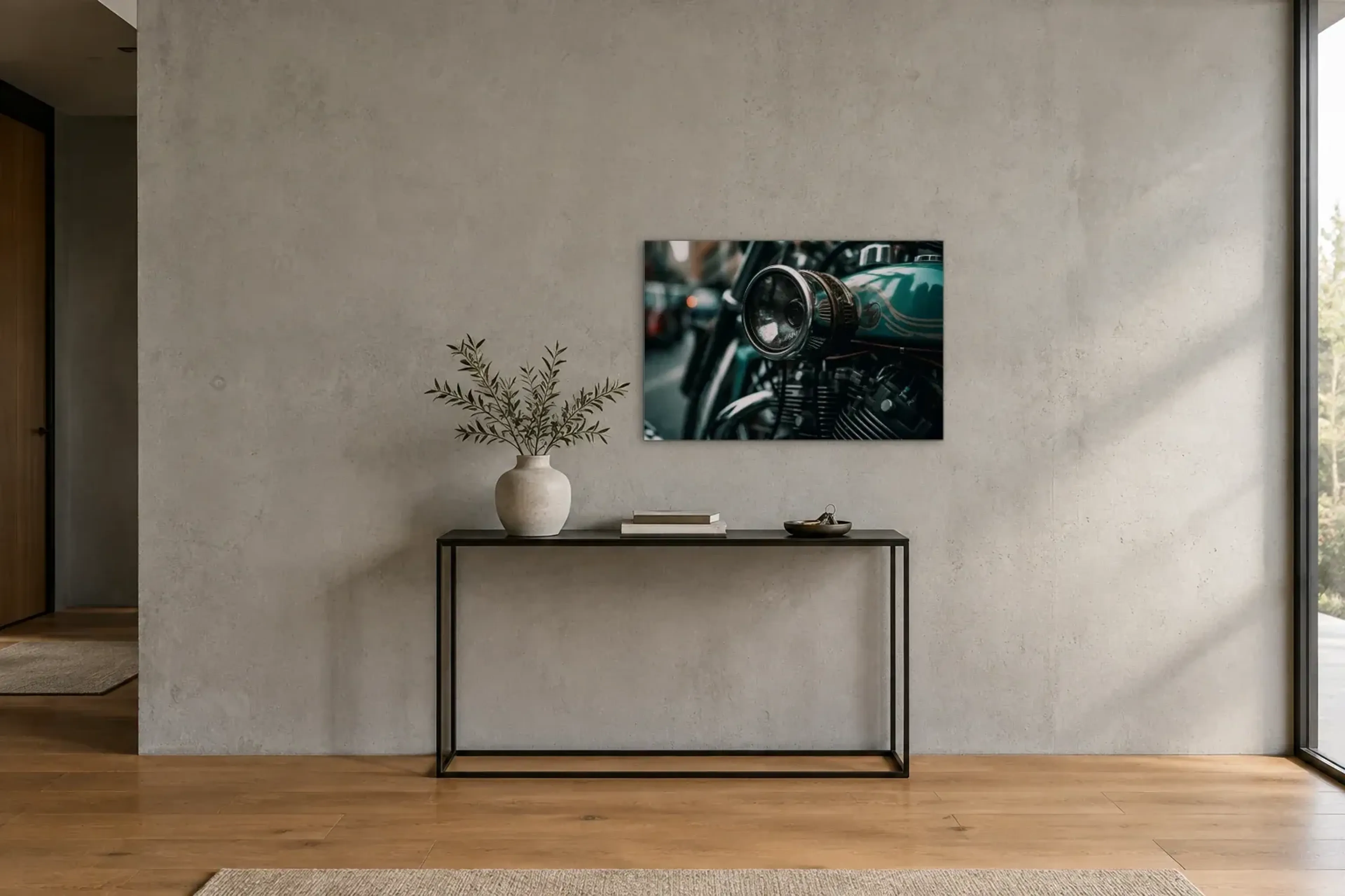 Motorrad Scheinwerfer als Wandbild über einer 120-cm-Konsole
