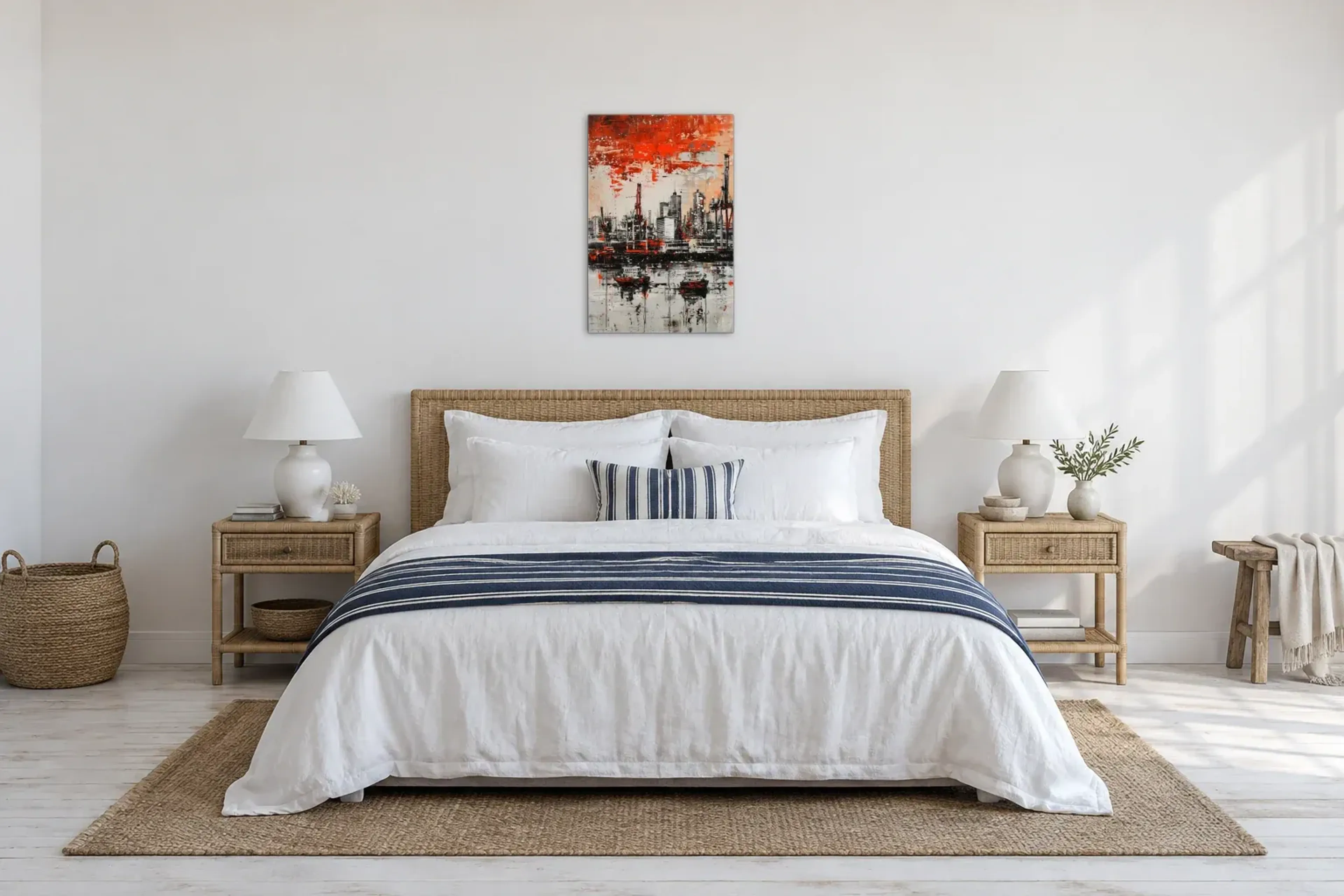 Schlepper vor der Hafenkulisse als Wandbild über einem 180-cm-Bett