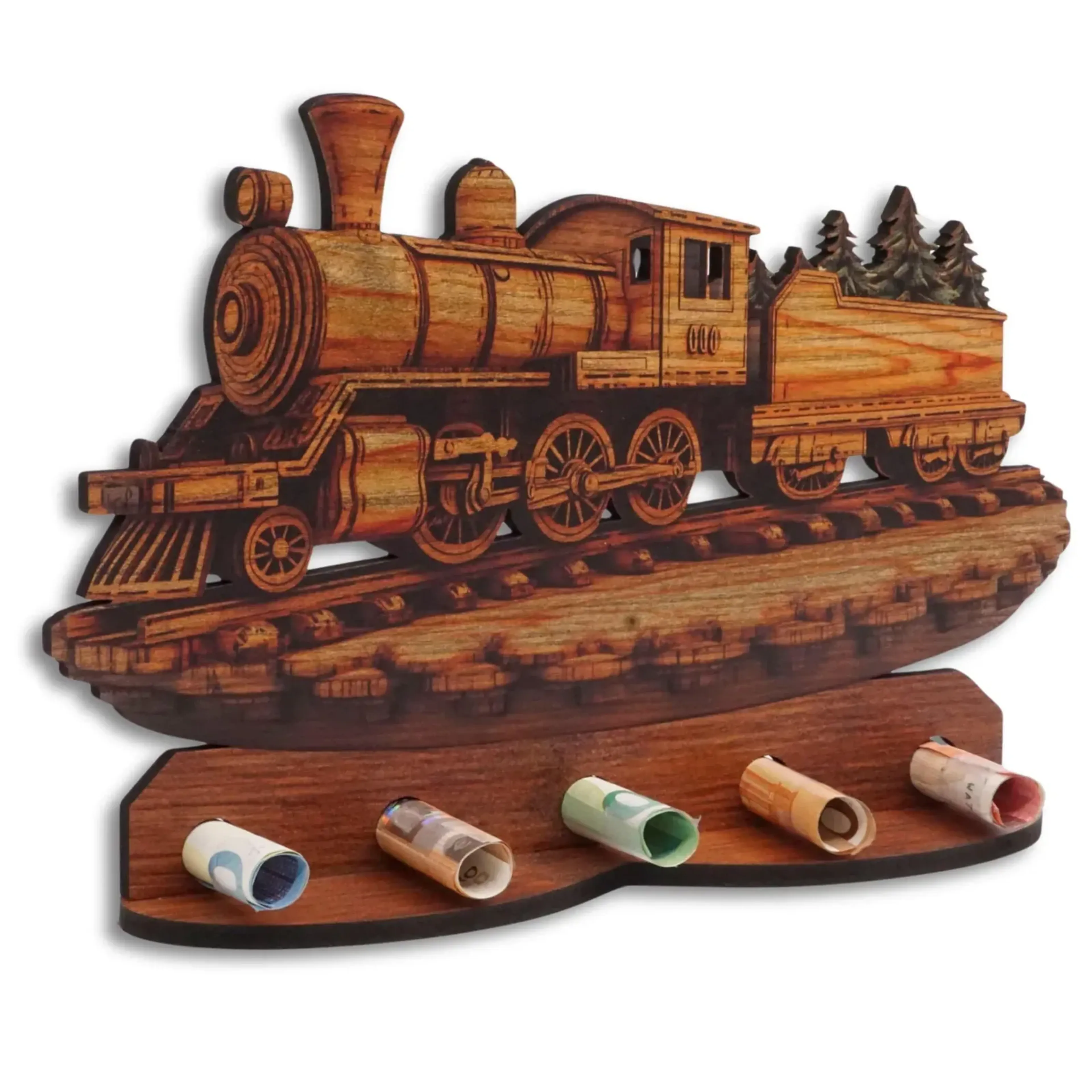 Dampflokomotive mit Wagen auf Gleisen vor Nadelbäumen in Holzoptik, darunter fünf gerollte Geldscheine auf einer Leiste.