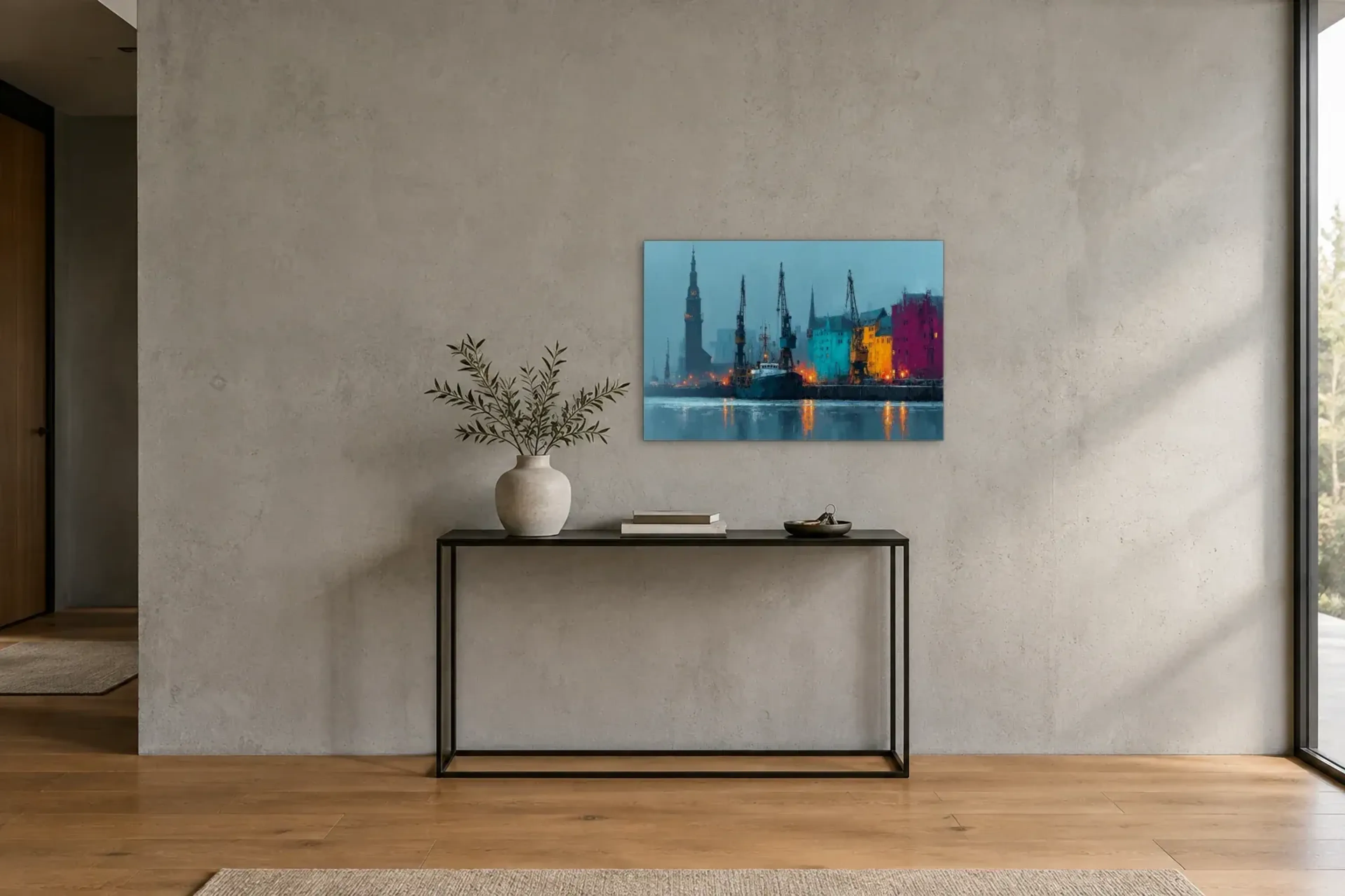 Hafenlichter im Blau als Wandbild über einer 120-cm-Konsole