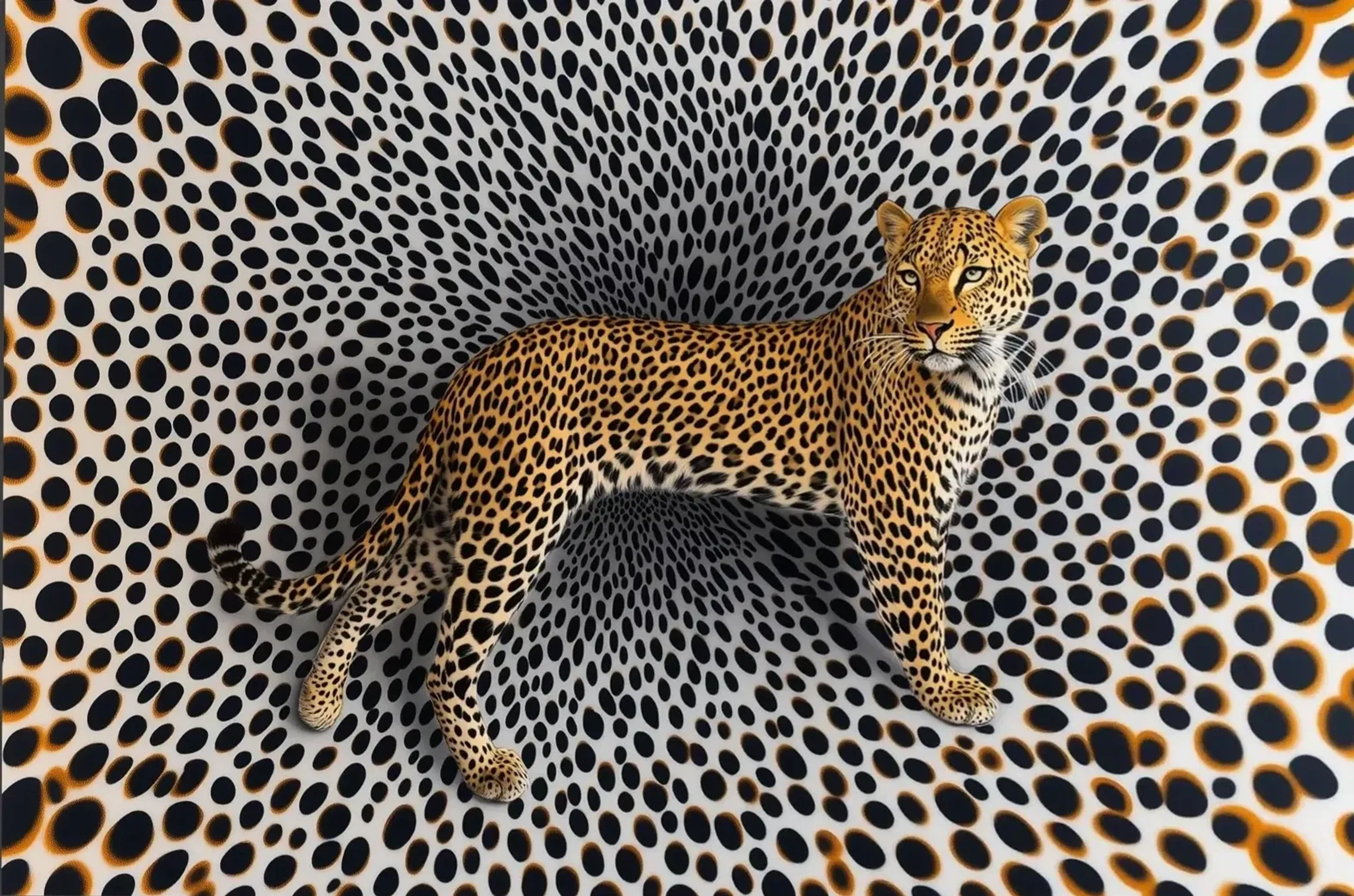 Leopard vor einem schwarz-weißen Punktemuster, das sich zur Mitte hin tunnelartig verengt.