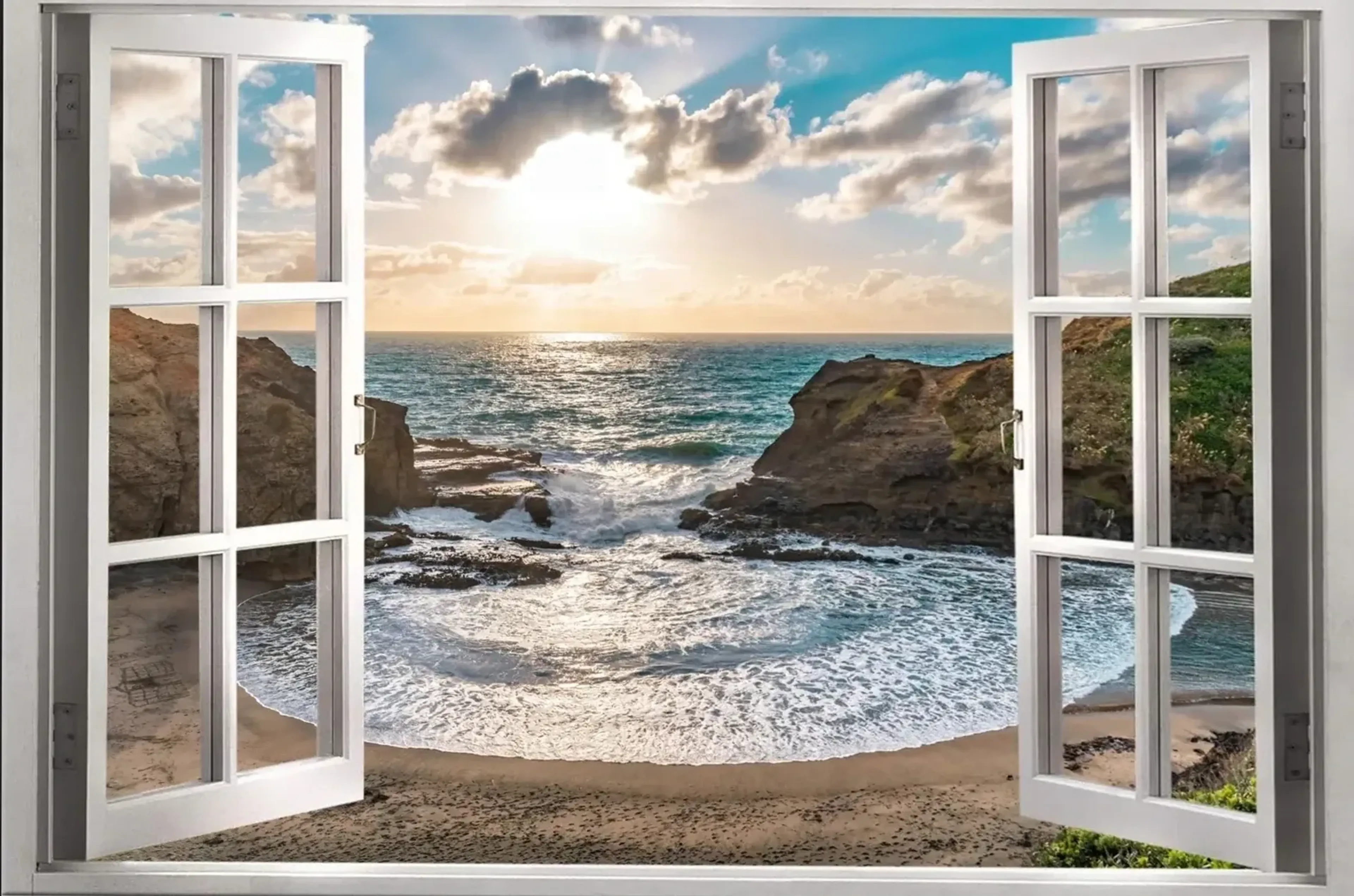Bucht im Abendlicht – Motiv als Wandbild auf Holz