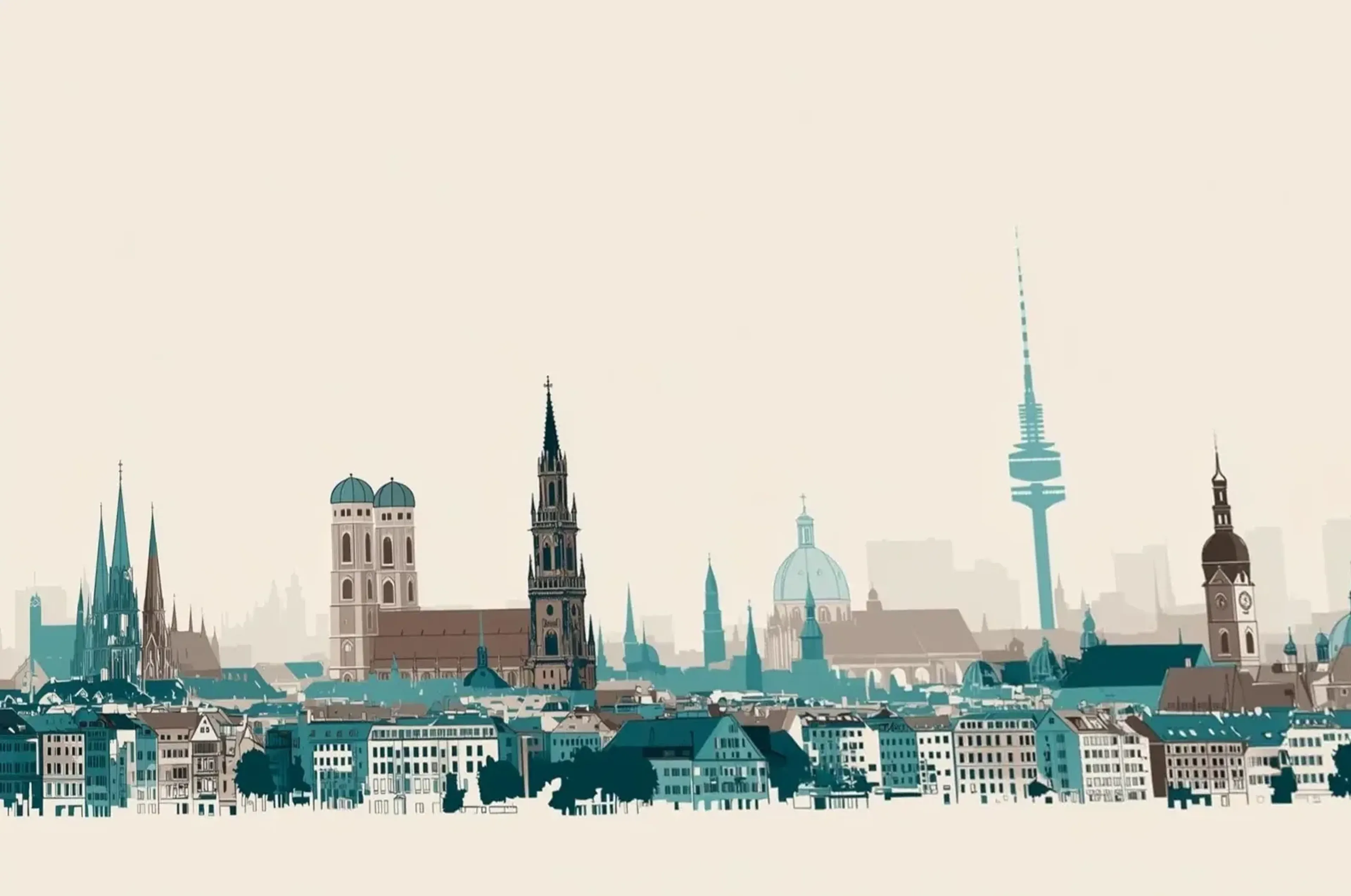 Grafische Münchner Stadtansicht mit Frauenkirche und Olympiaturm in Petrol, Türkis und Braun auf Creme.