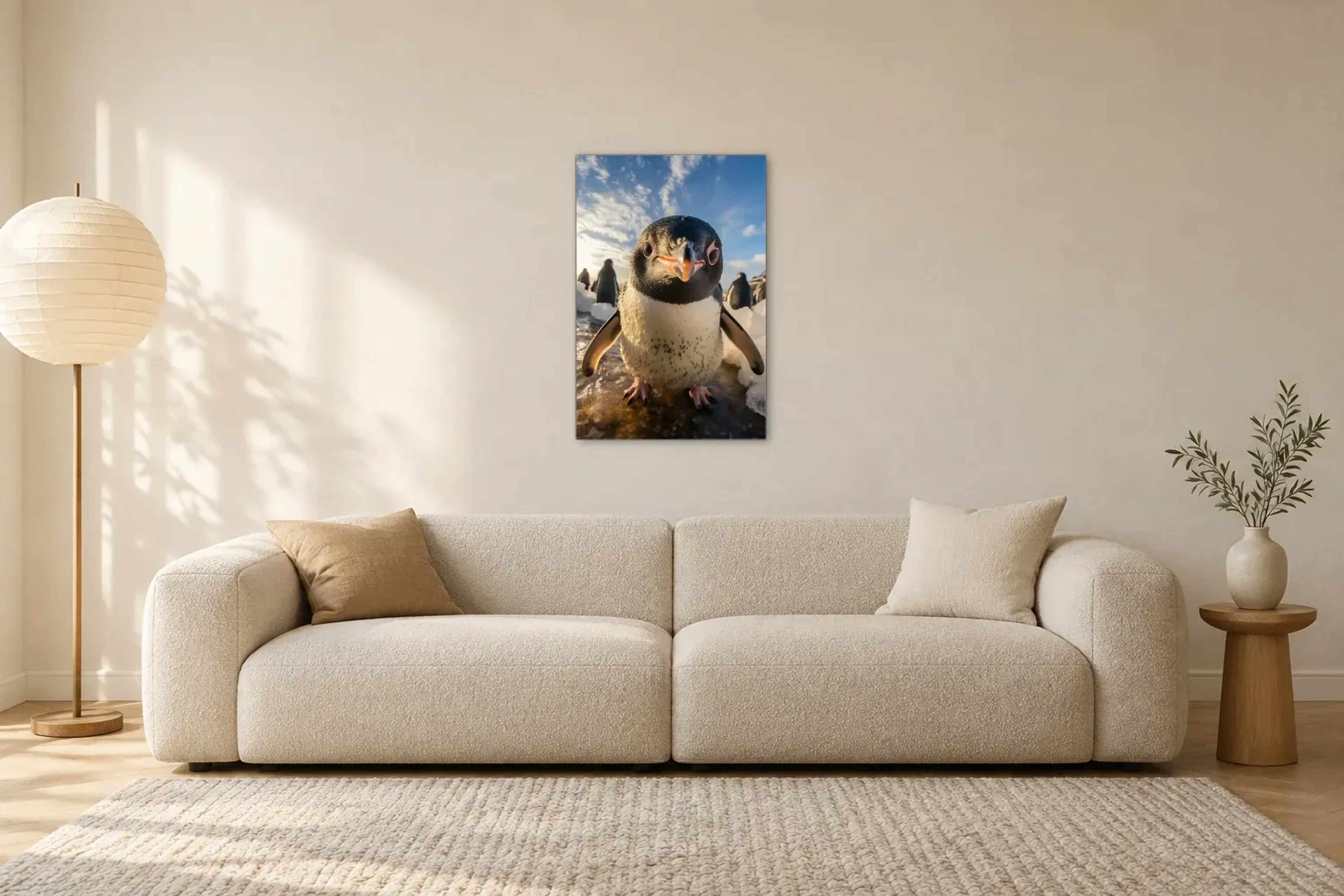 Pinguin Portrait als Wandbild über einem 230-cm-Sofa