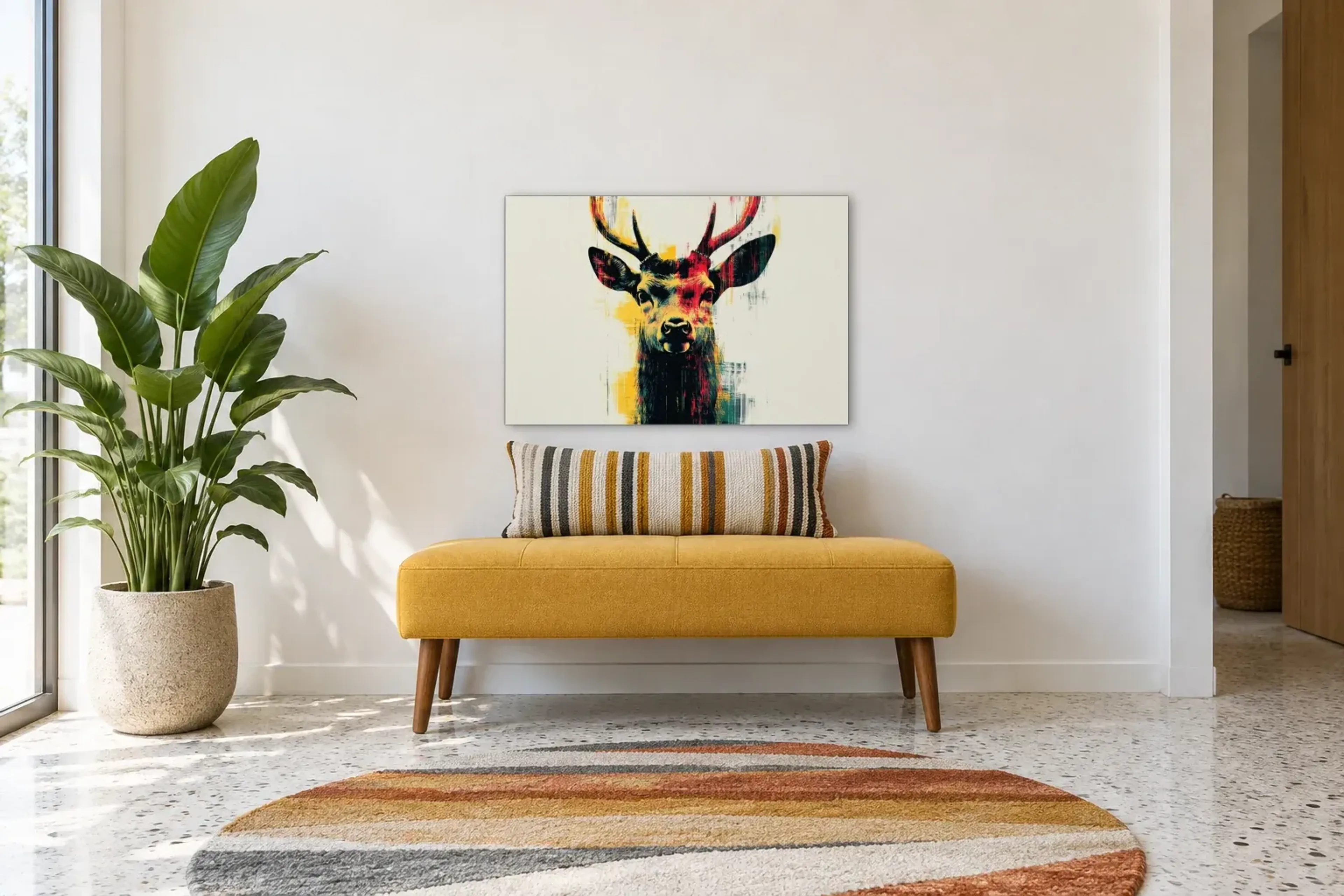 Hirsch mit Farbspuren als Wandbild über einer 120-cm-Bank