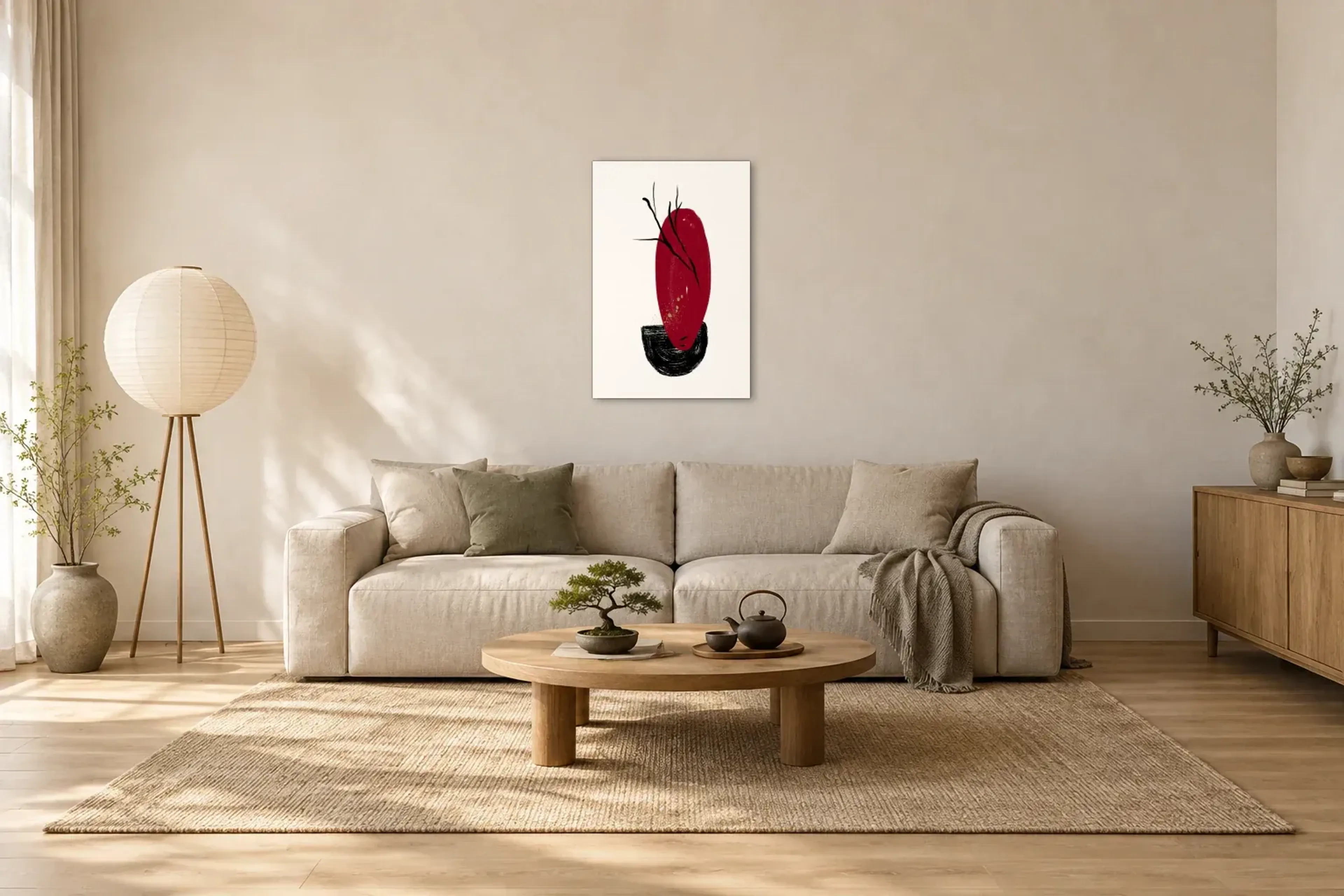 Rotes Oval mit Zweig als Wandbild über einem 220-cm-Sofa