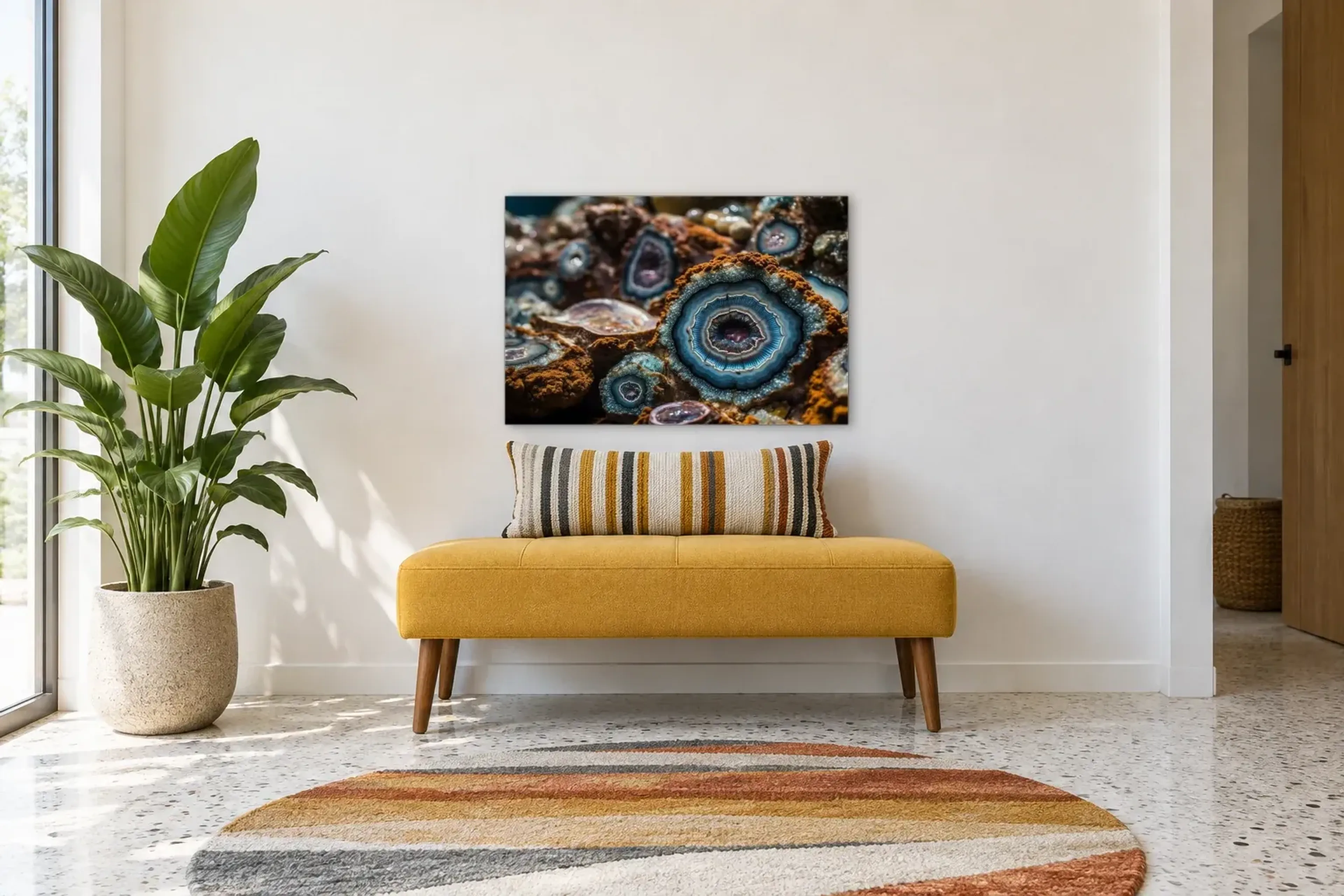 Blaue Kristallringe als Wandbild über einer 120-cm-Bank