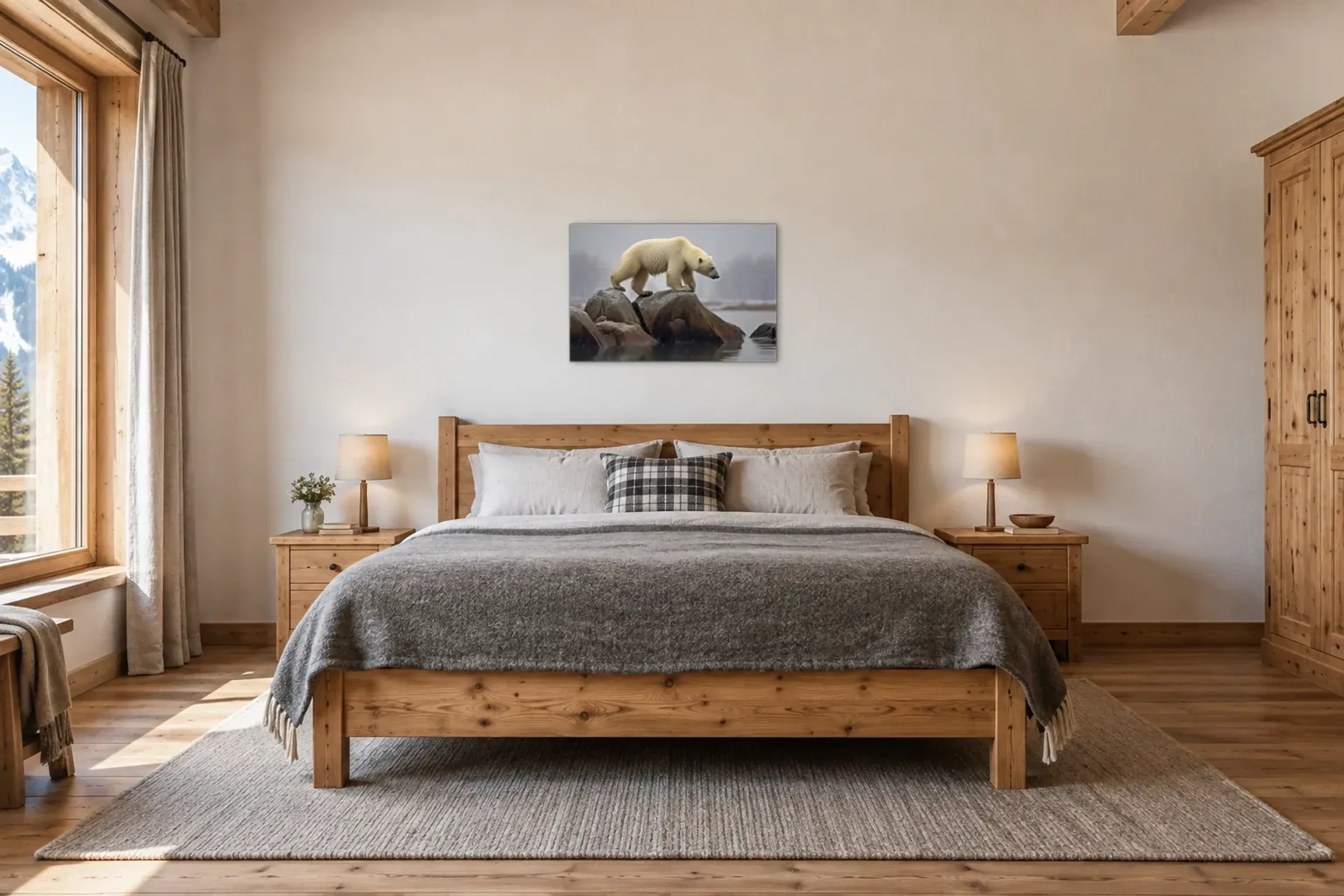 Eisbär auf Felsen als Wandbild über einem 180-cm-Bett