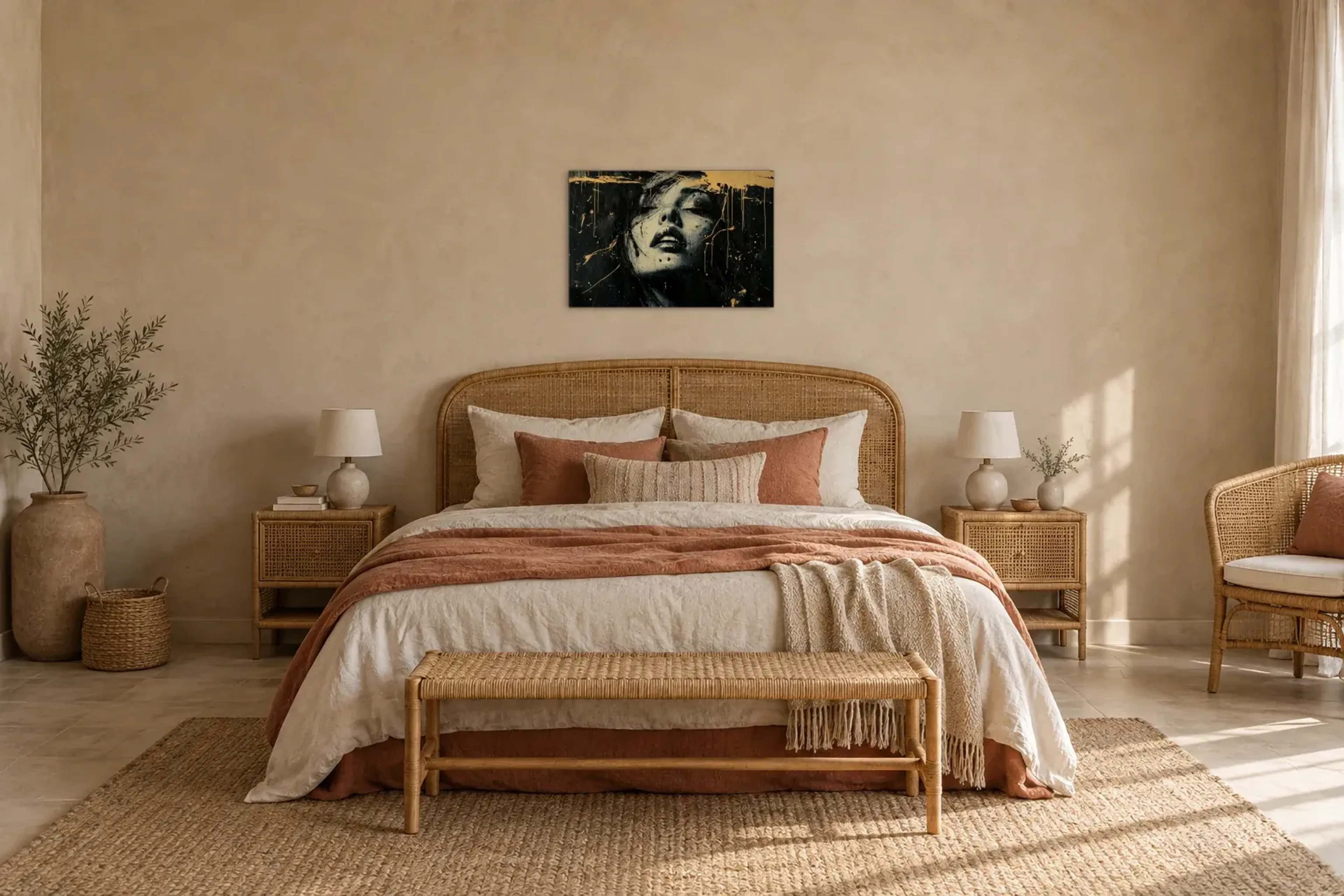 Frauenporträt mit Goldakzenten als Wandbild über einem 180-cm-Bett