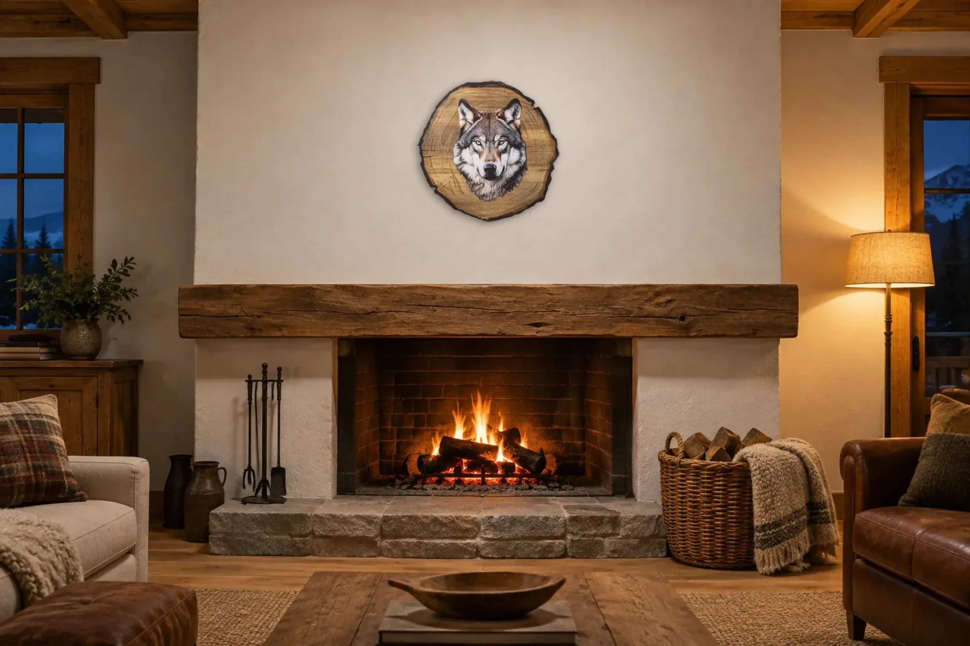 Wolf Weiß als Wandbild über einem 180-cm-Kaminsims