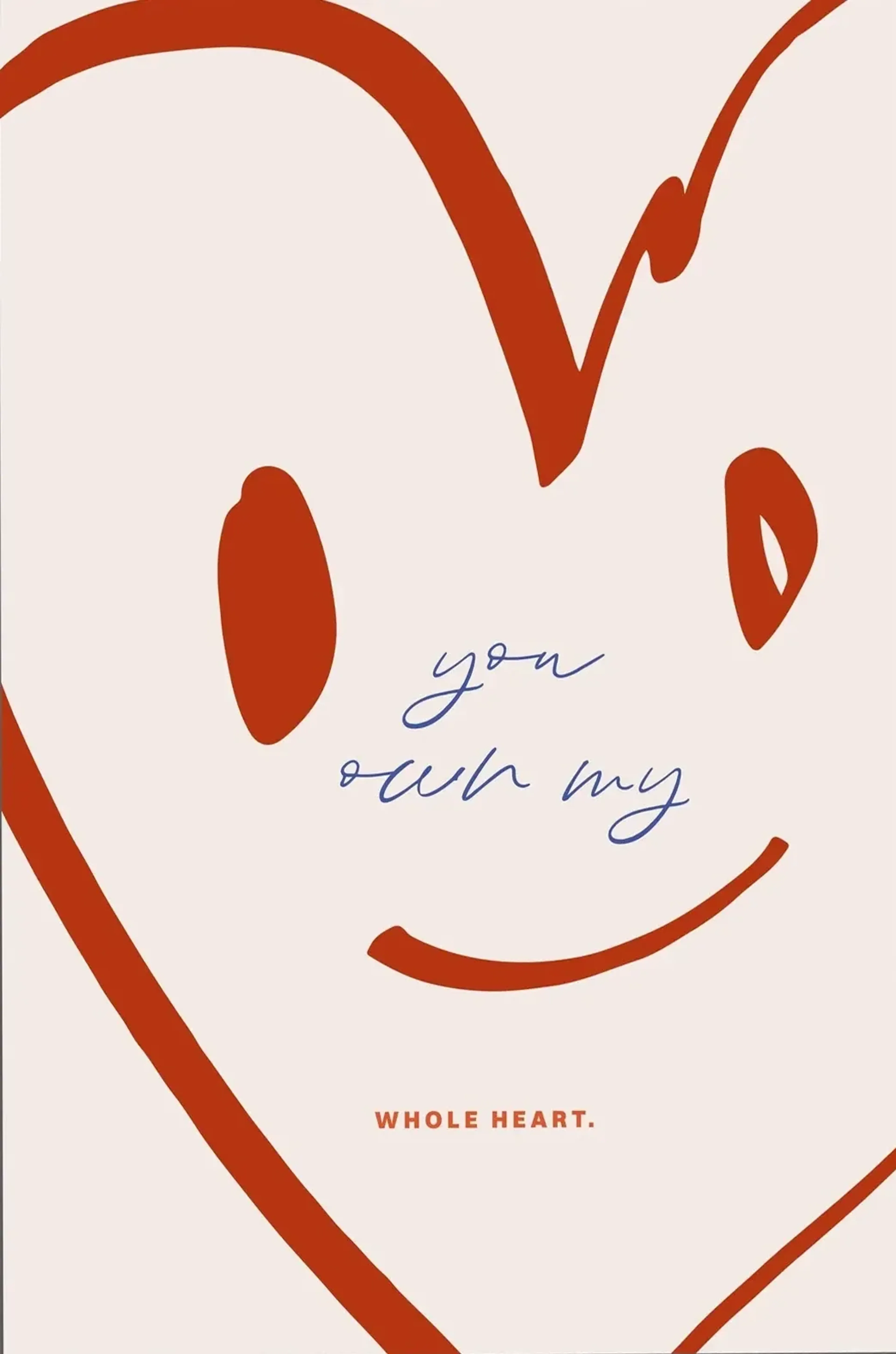 Großes rostrotes Herz mit lächelndem Gesicht auf Creme, dazu blaue Handschrift und der Text „whole heart“.