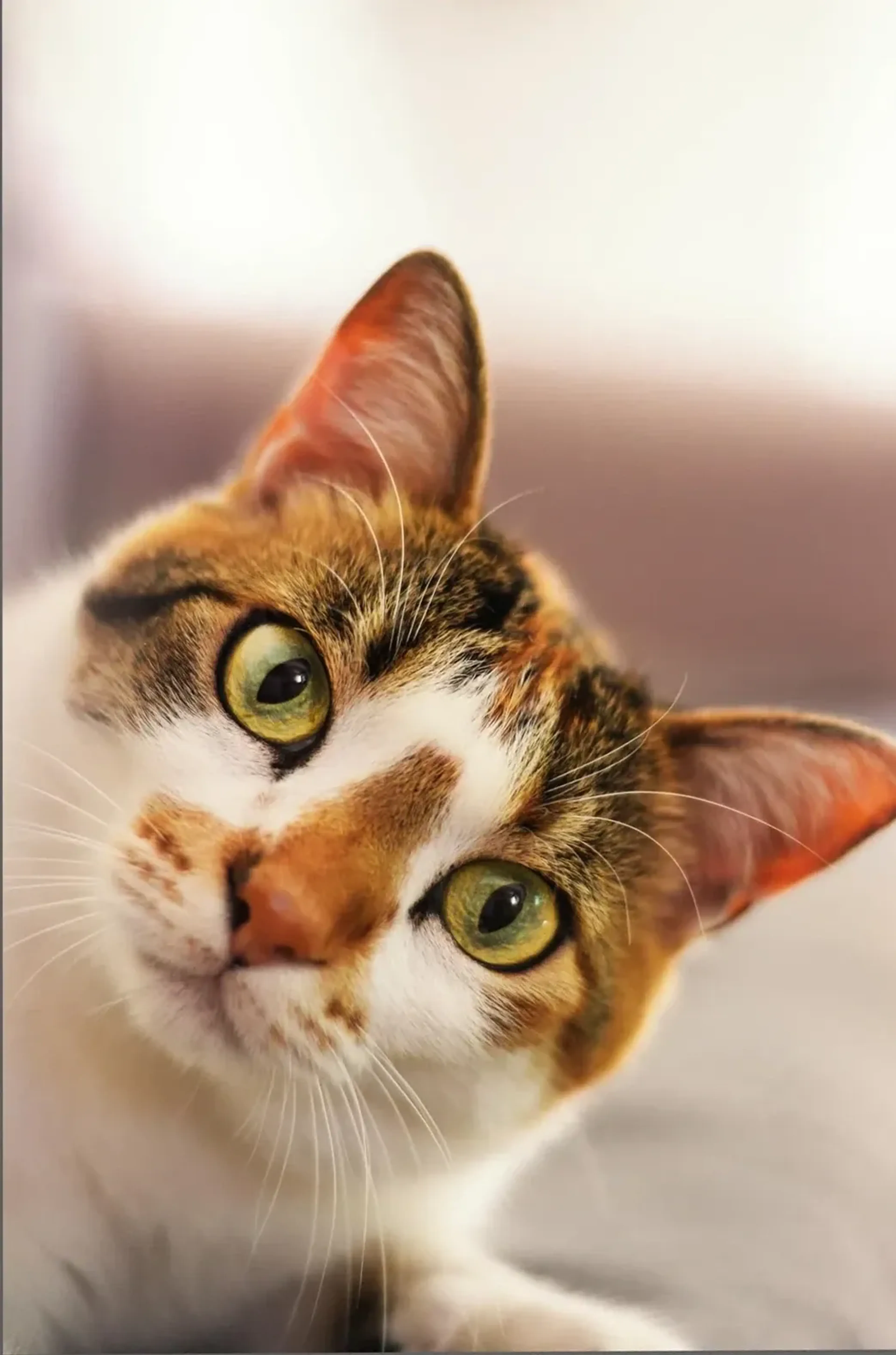 Eine weiß und braun getigerte Katze schaut mit schiefem Kopf und großen gelbgrünen Augen nach vorn.