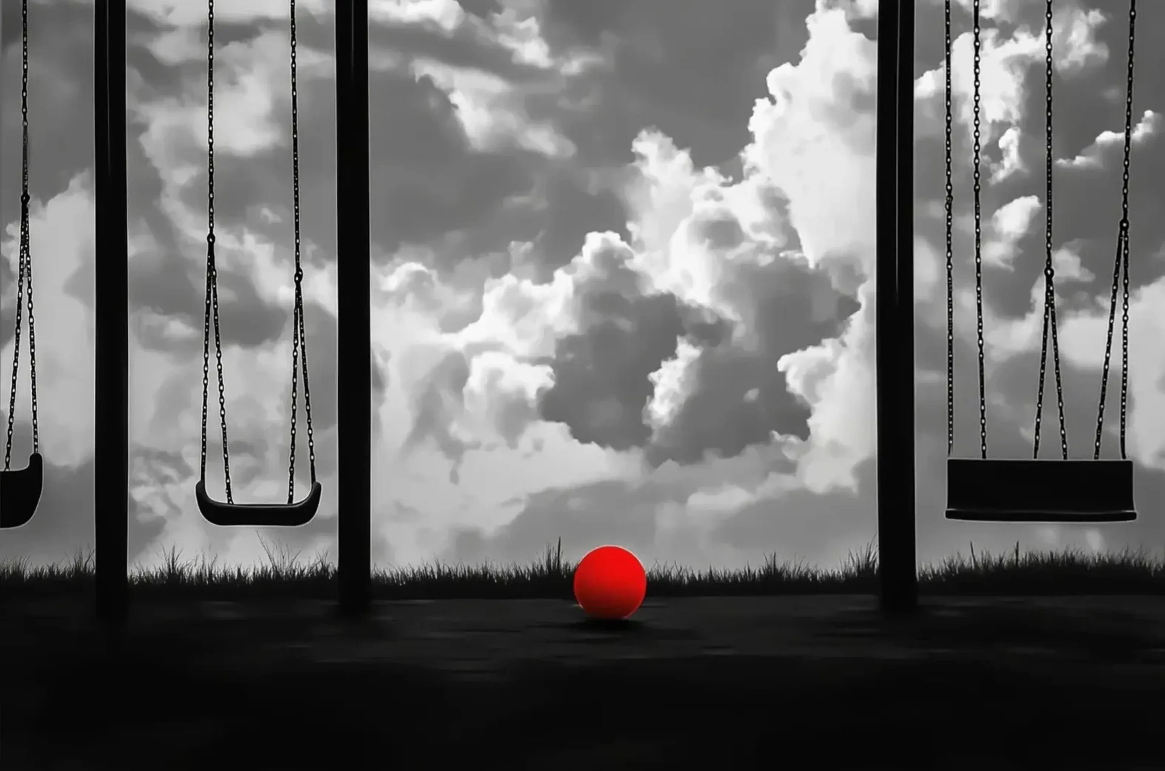 Roter Ball zwischen Schaukeln – Motiv als Wandbild auf Holz