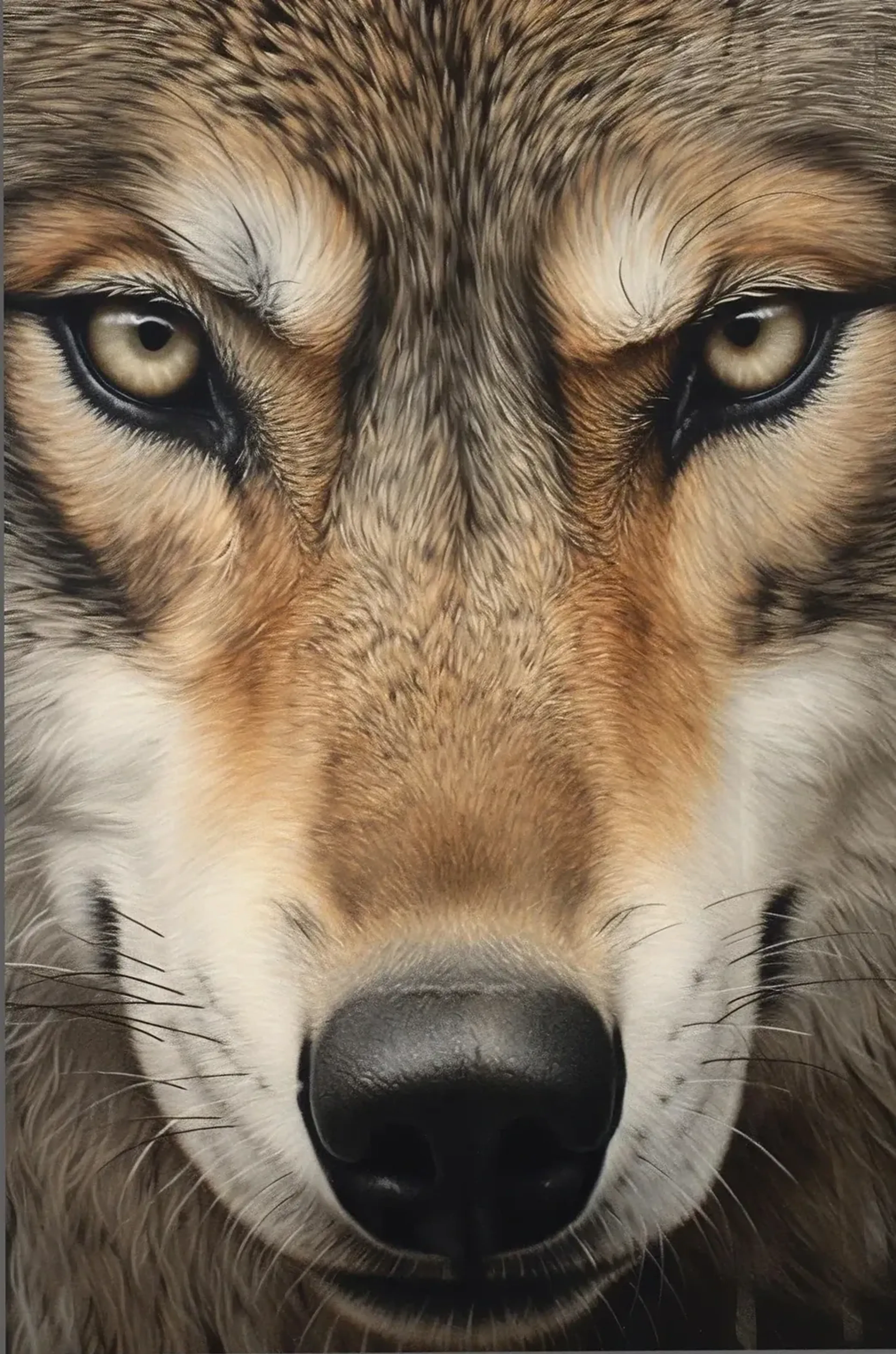 Formatfüllendes Wolfsgesicht mit hellen Augen, schwarzer Nase und braun-grauem, cremefarbenem Fell.
