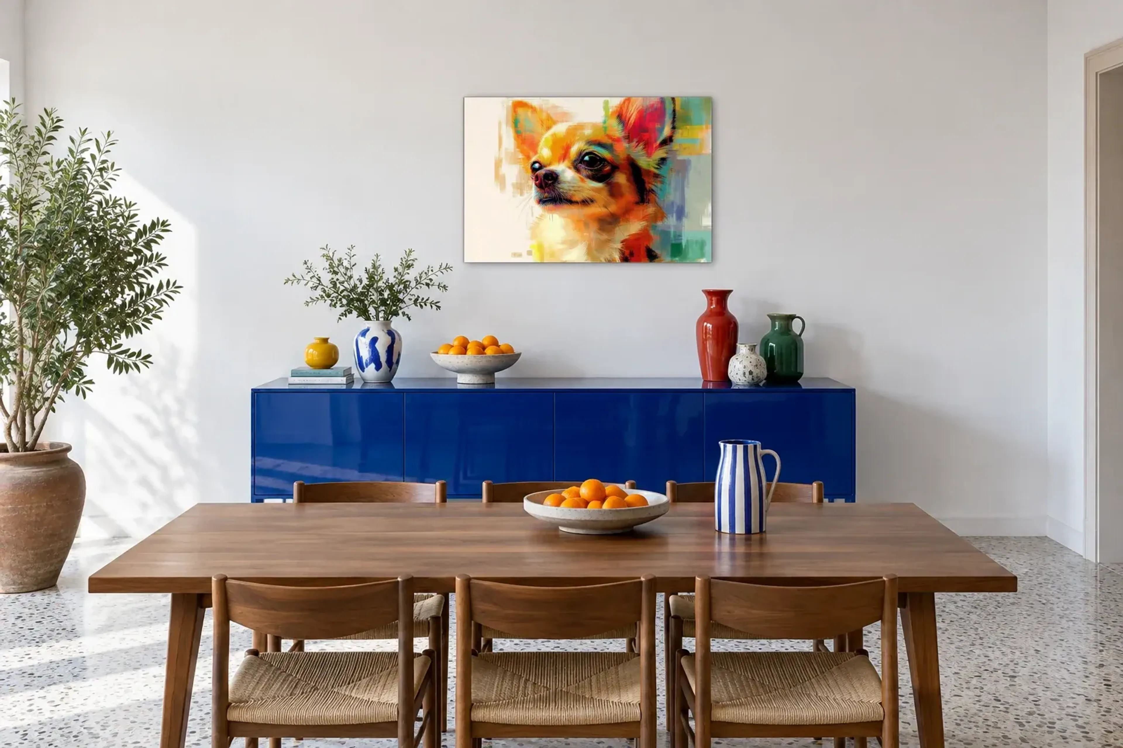 Langhaar Chihuahua als Wandbild über einem 180-cm-Sideboard