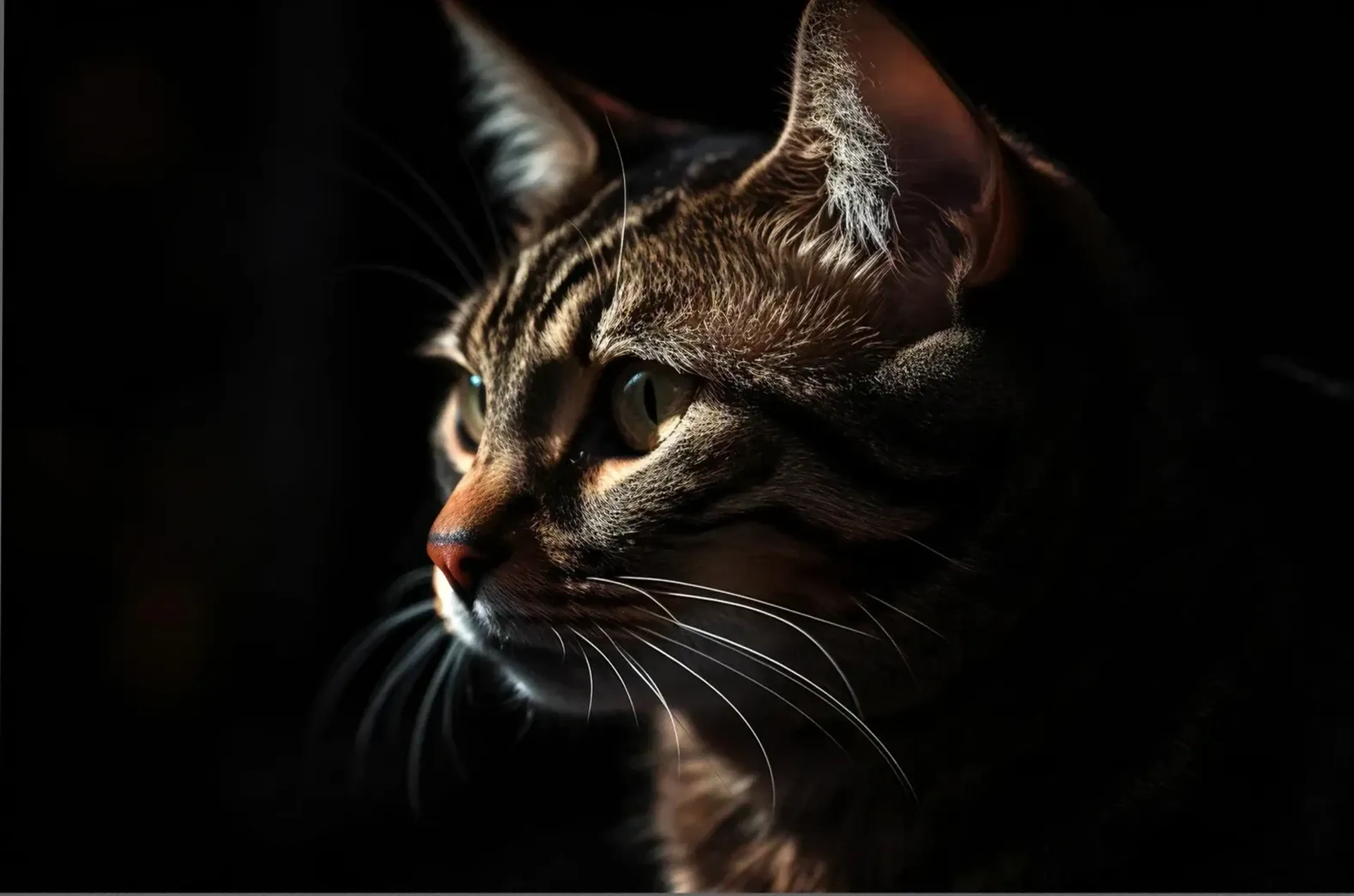 Eine braun getigerte Katze blickt nach links; Licht streift Nase, Auge und Schnurrhaare vor dunklem Hintergrund.