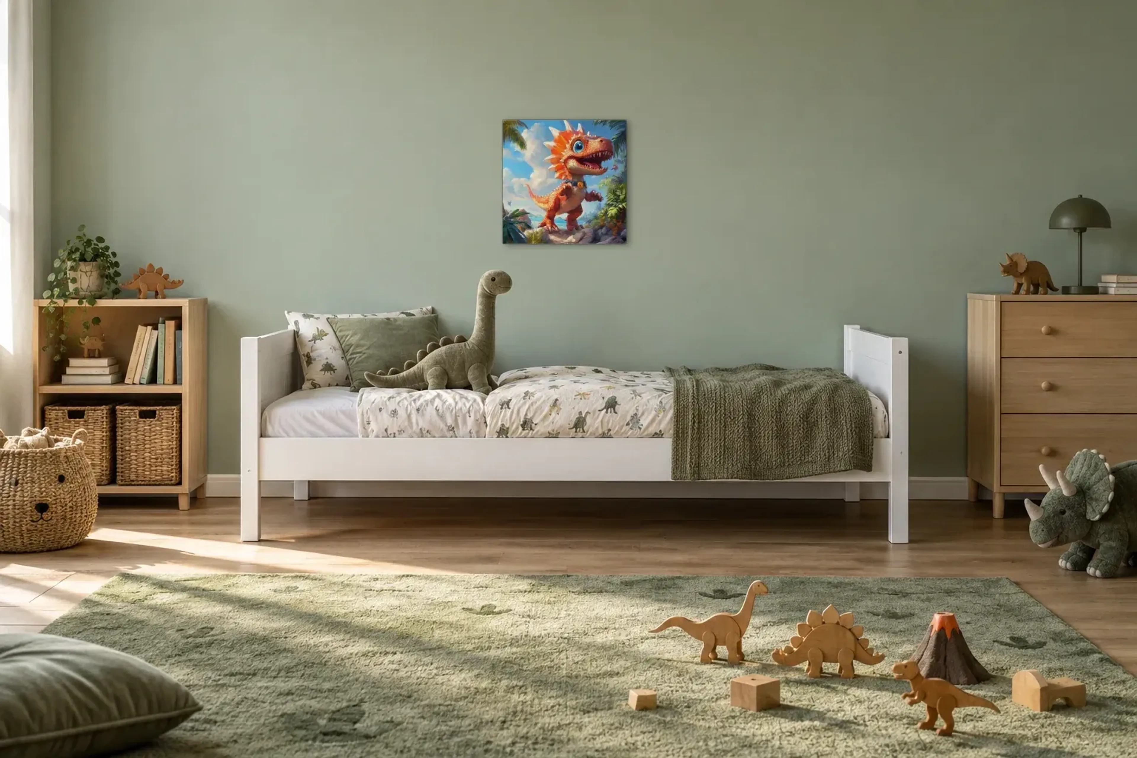 Dino mit orangefarbenem Fächer als Wandbild über einem 200-cm-Kinderbett