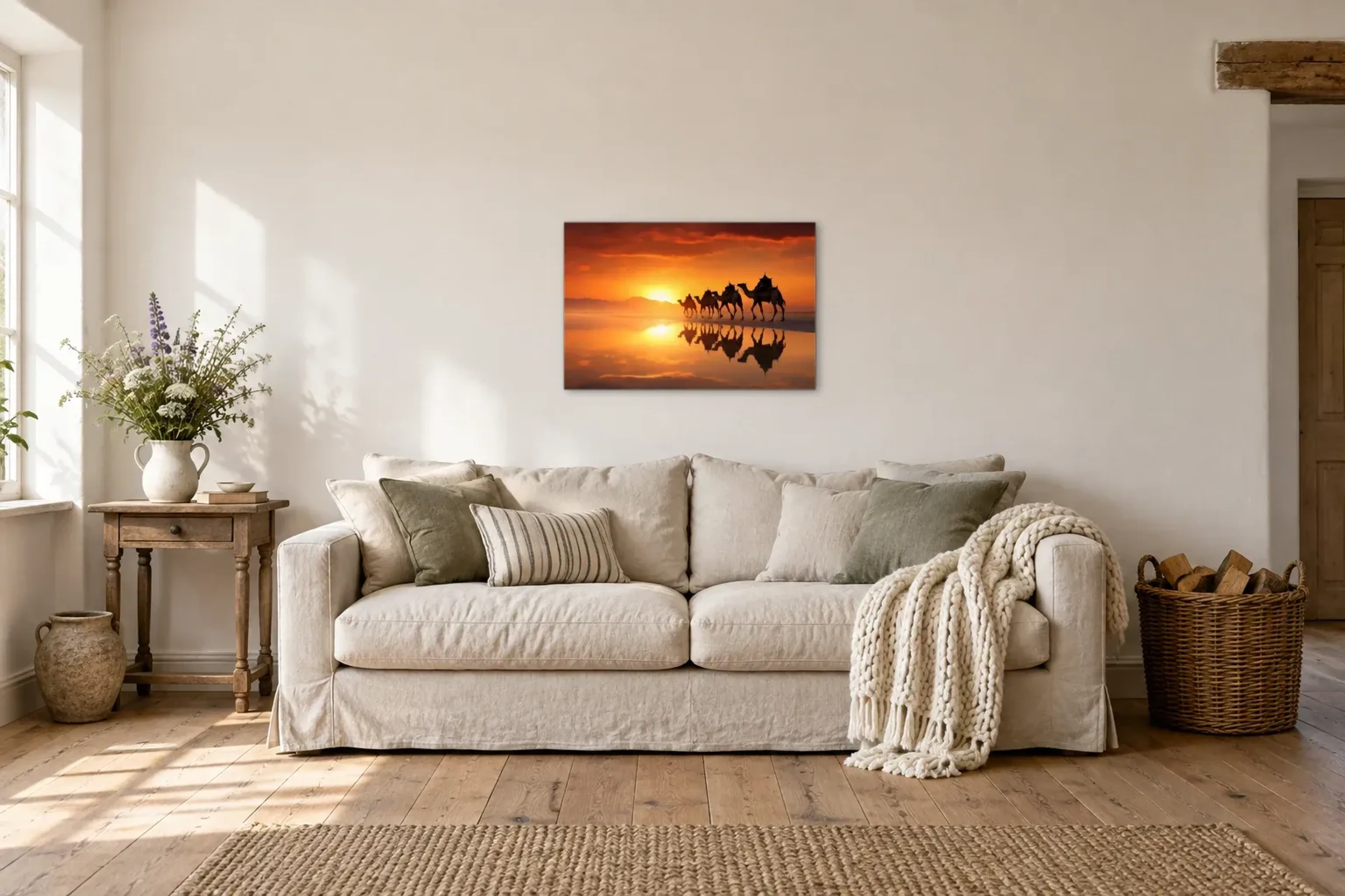 Kamele im Abendlicht als Wandbild über einem 220-cm-Sofa