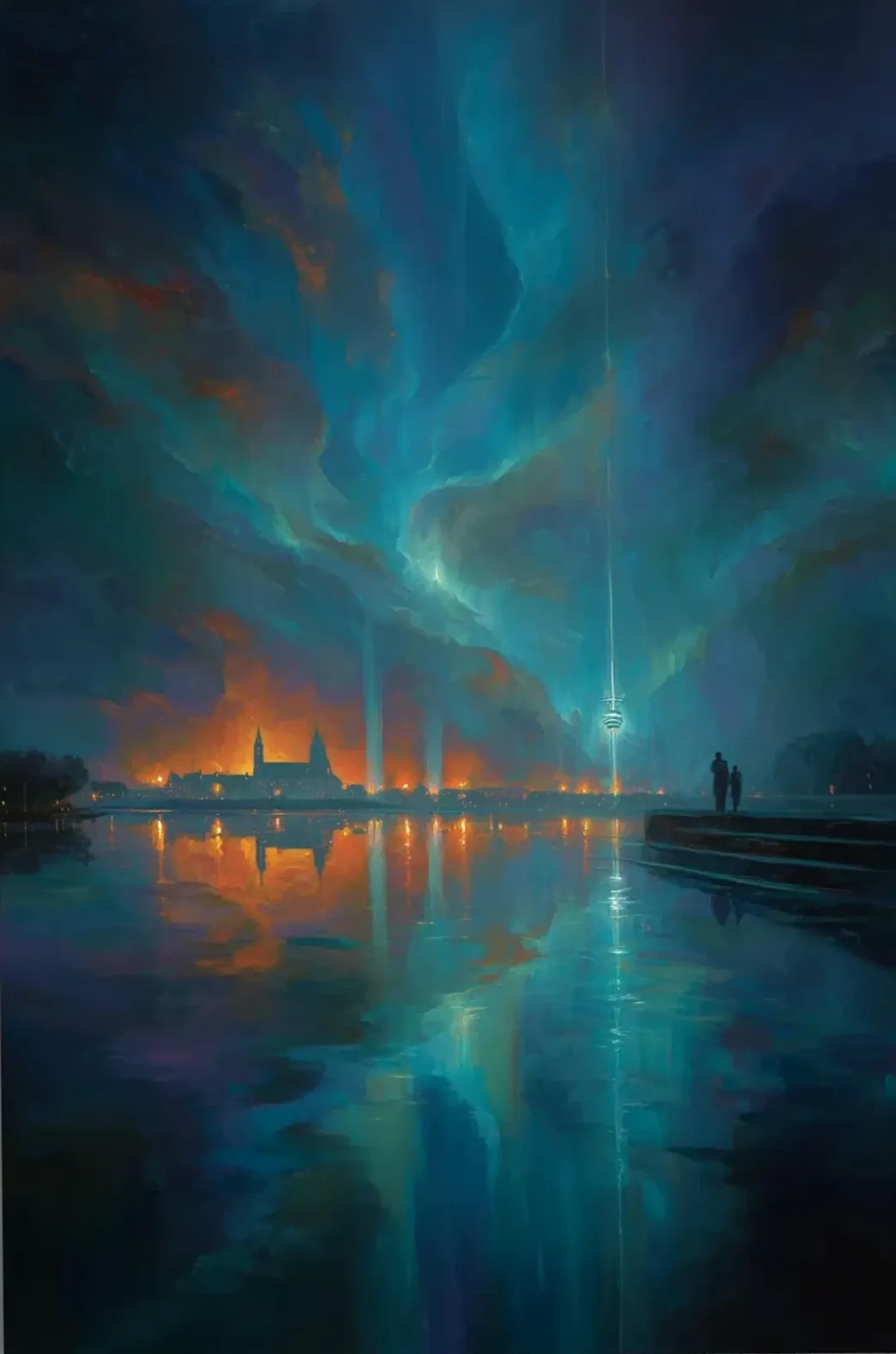 Blau-türkiser Wolkenhimmel und orange Stadtlichter spiegeln sich im Wasser; rechts stehen zwei Figuren.
