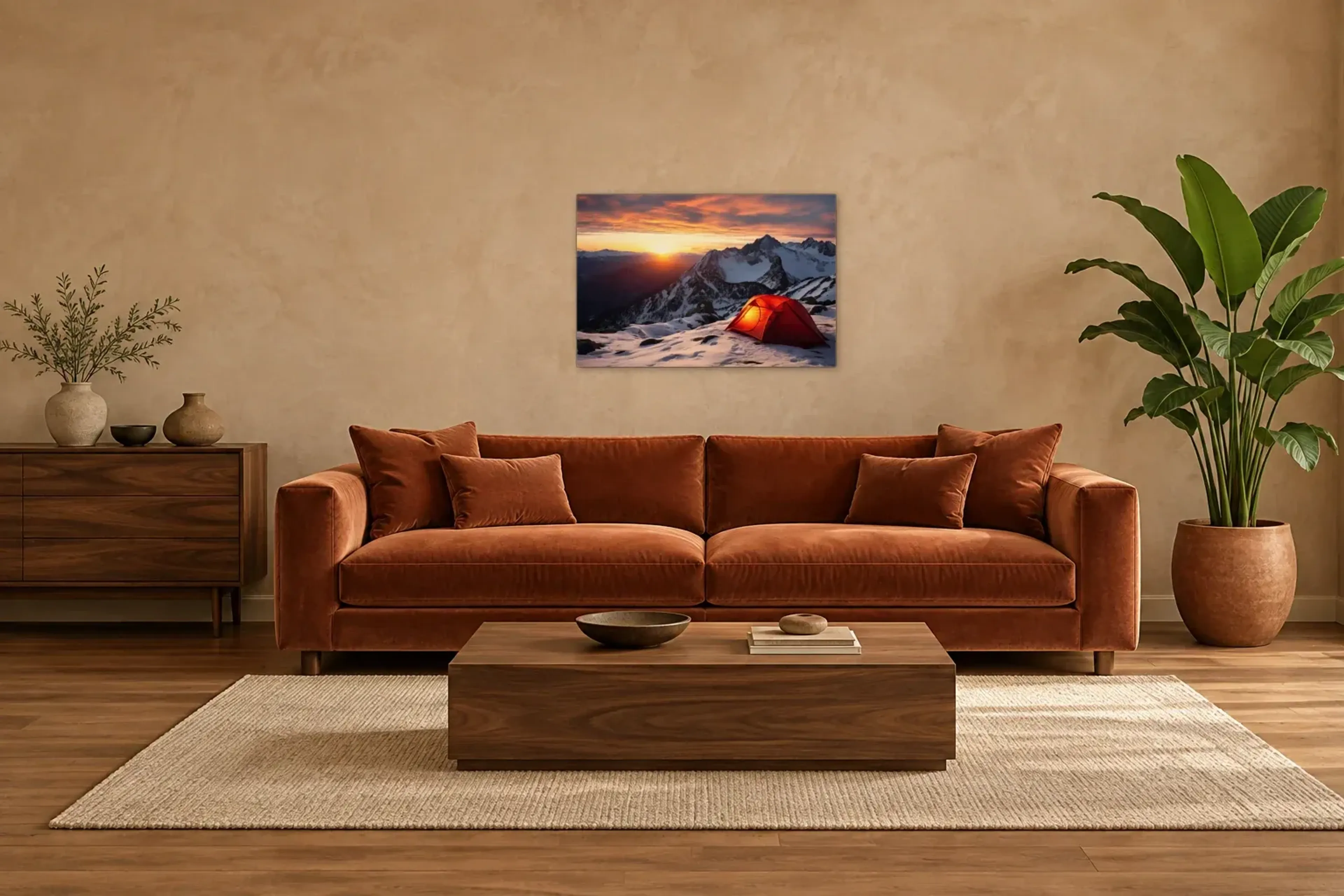 Zelt im Schnee als Wandbild über einem 220-cm-Sofa