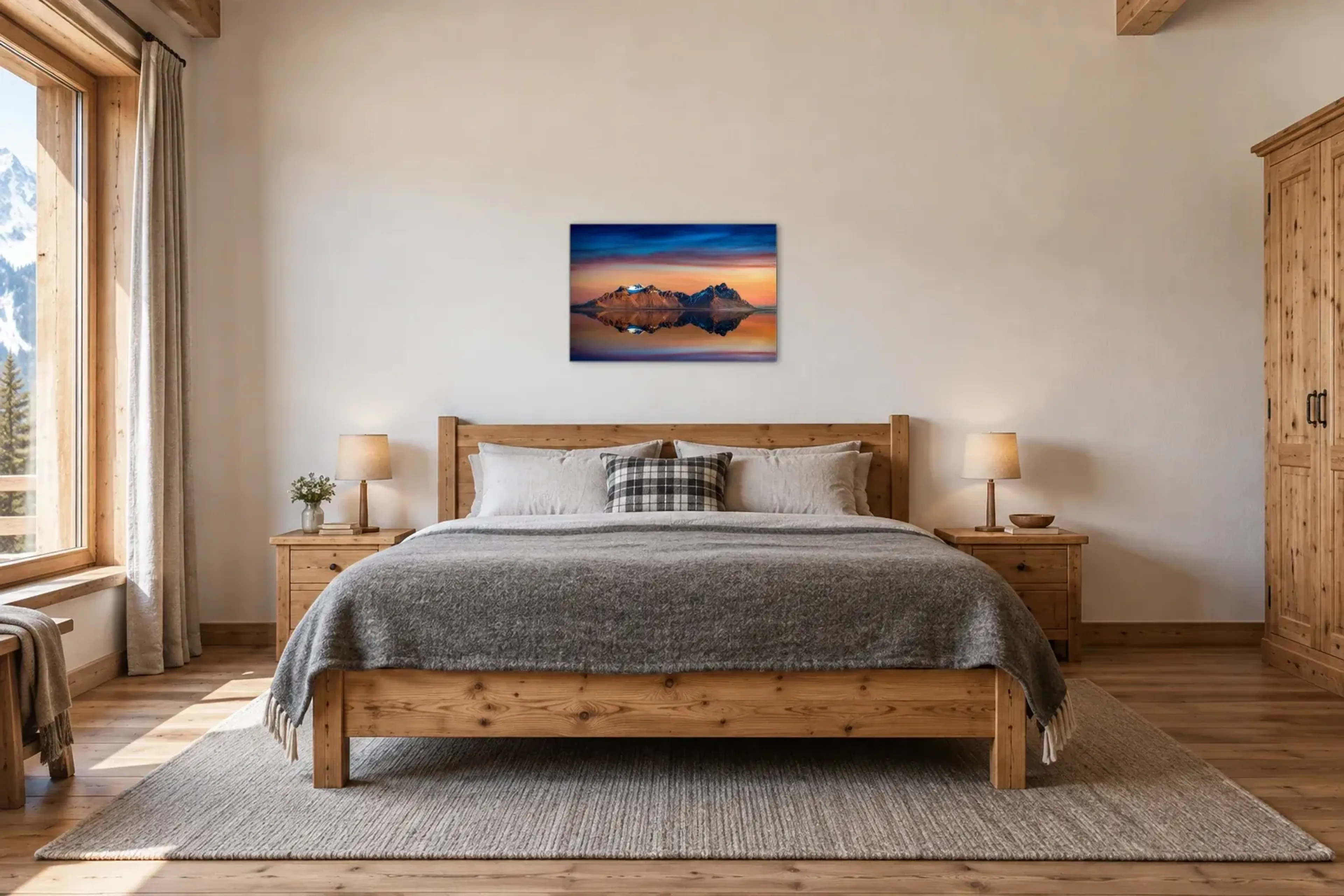 Spiegelsee als Wandbild über einem 180-cm-Bett