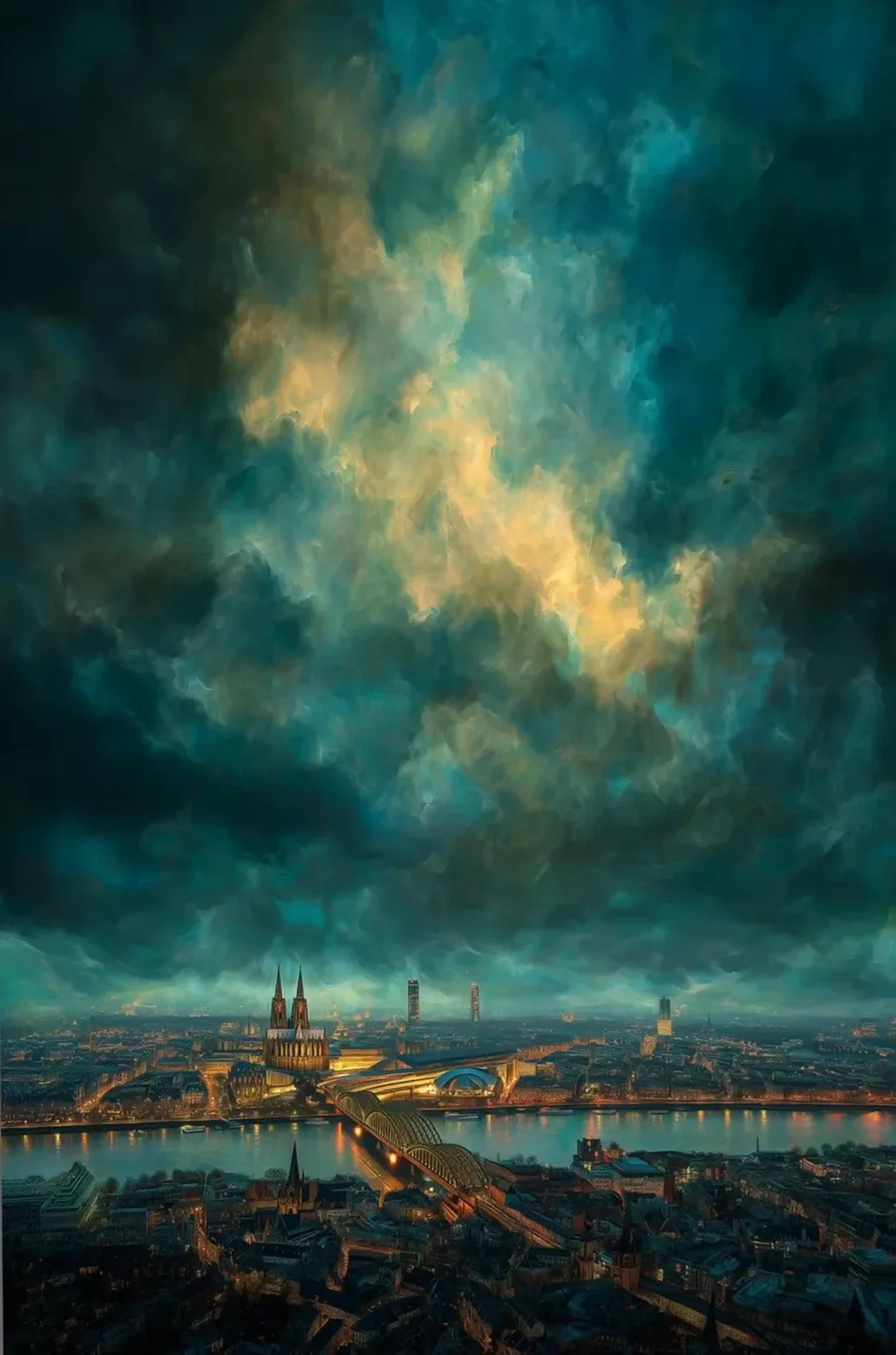 Blick über Köln mit Dom, Rhein und beleuchteter Brücke unter dunklen Wolken mit goldgelbem Licht.