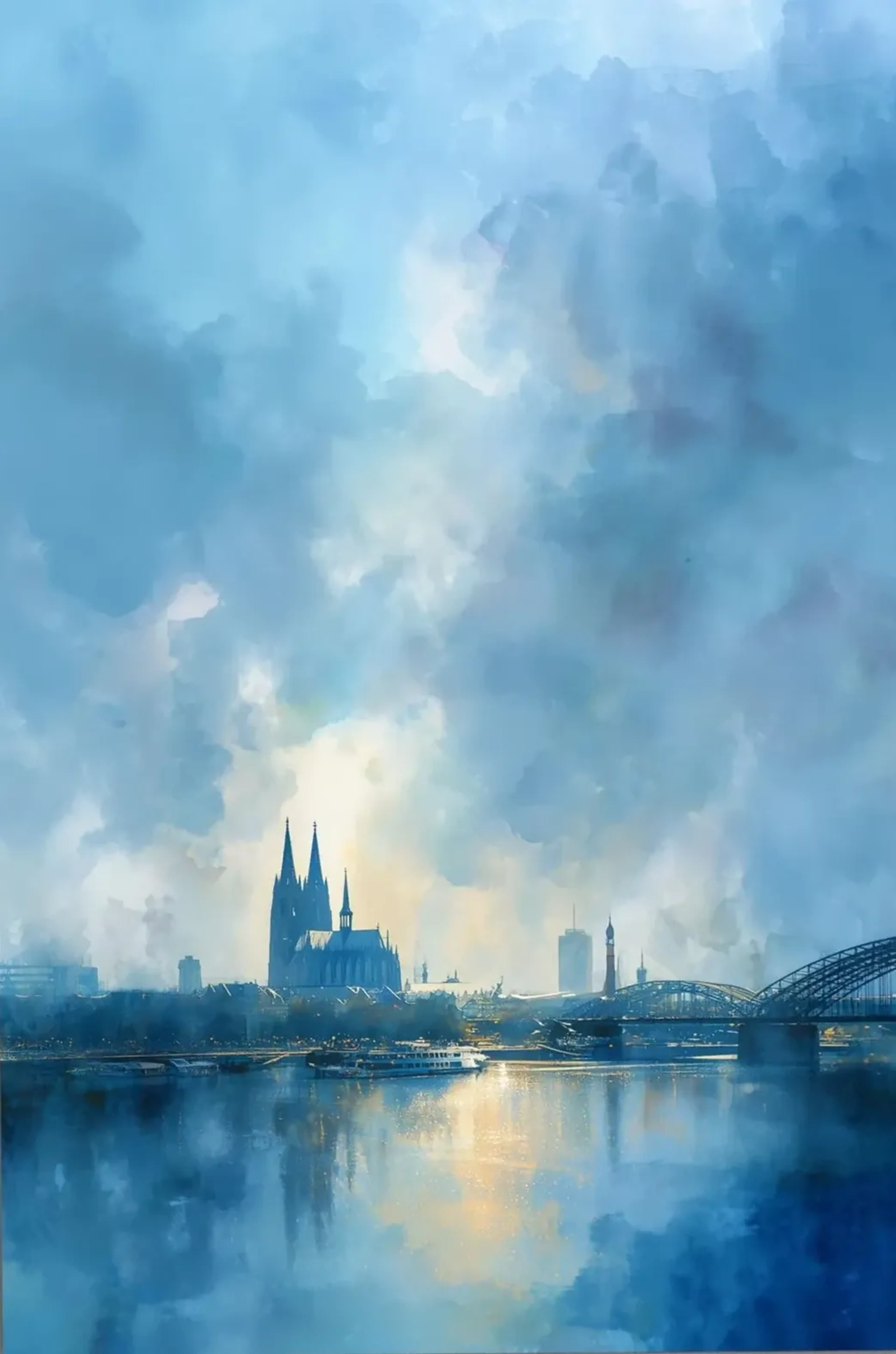 Blaue Wolken über dem Kölner Dom und einer Rheinbrücke, mit einem hellen Lichtschein auf dem Wasser.