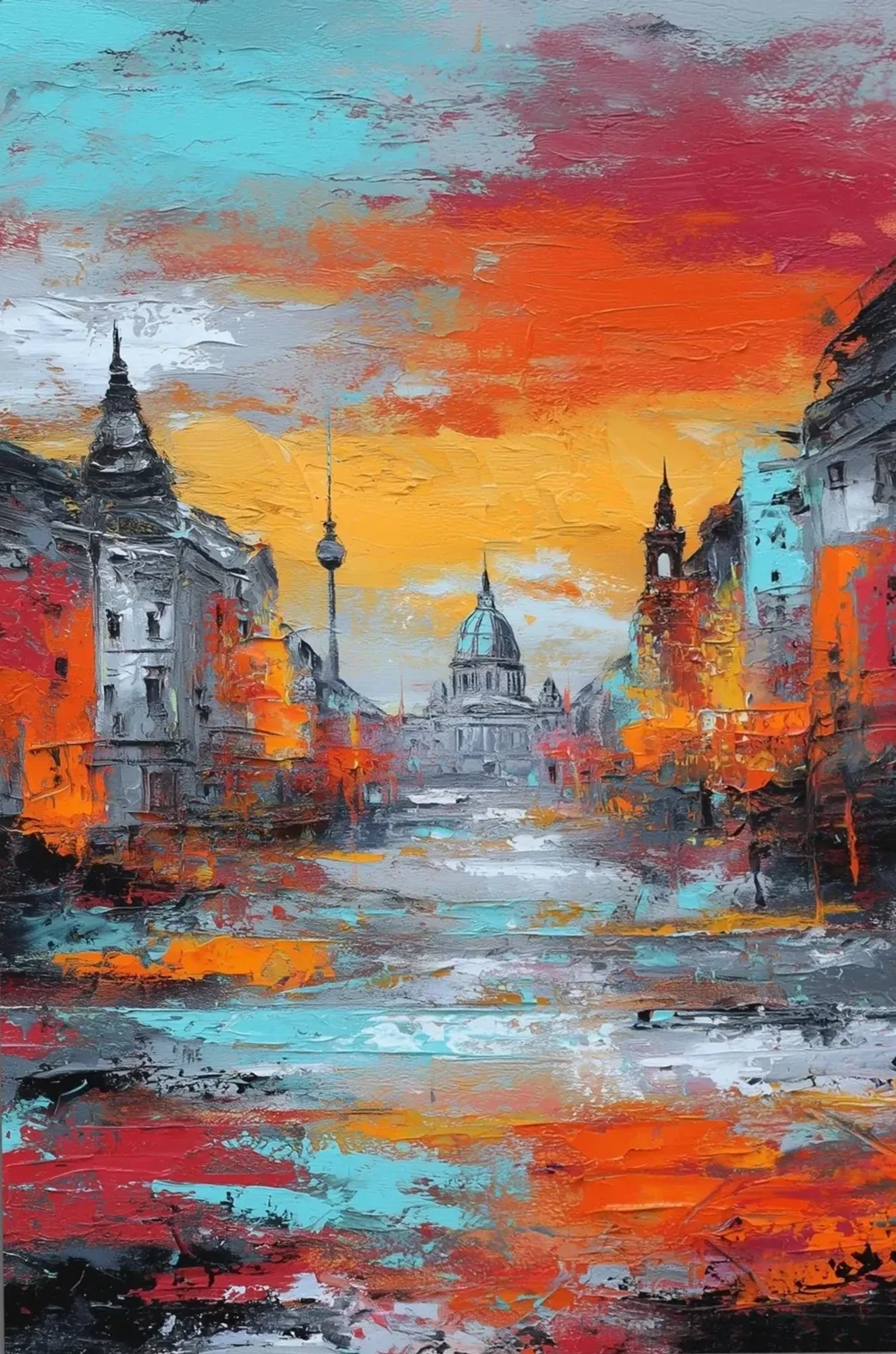 Berliner Straßenszene mit Fernsehturm und Kuppelbau zwischen strukturierten Farbflächen in Orange, Rot und Türkis.