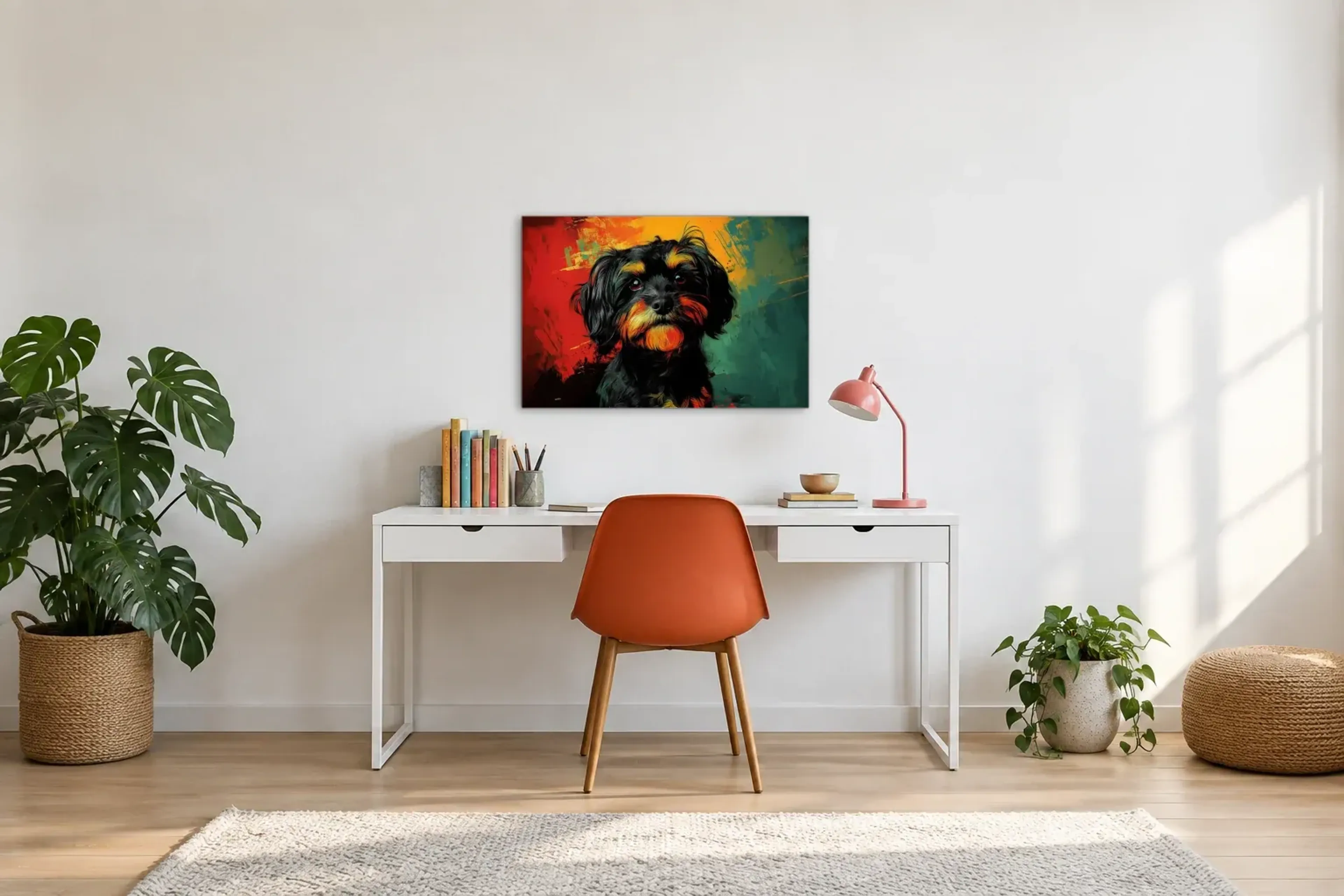 Havaneser vor buntem Grund als Wandbild über einem 140-cm-Schreibtisch