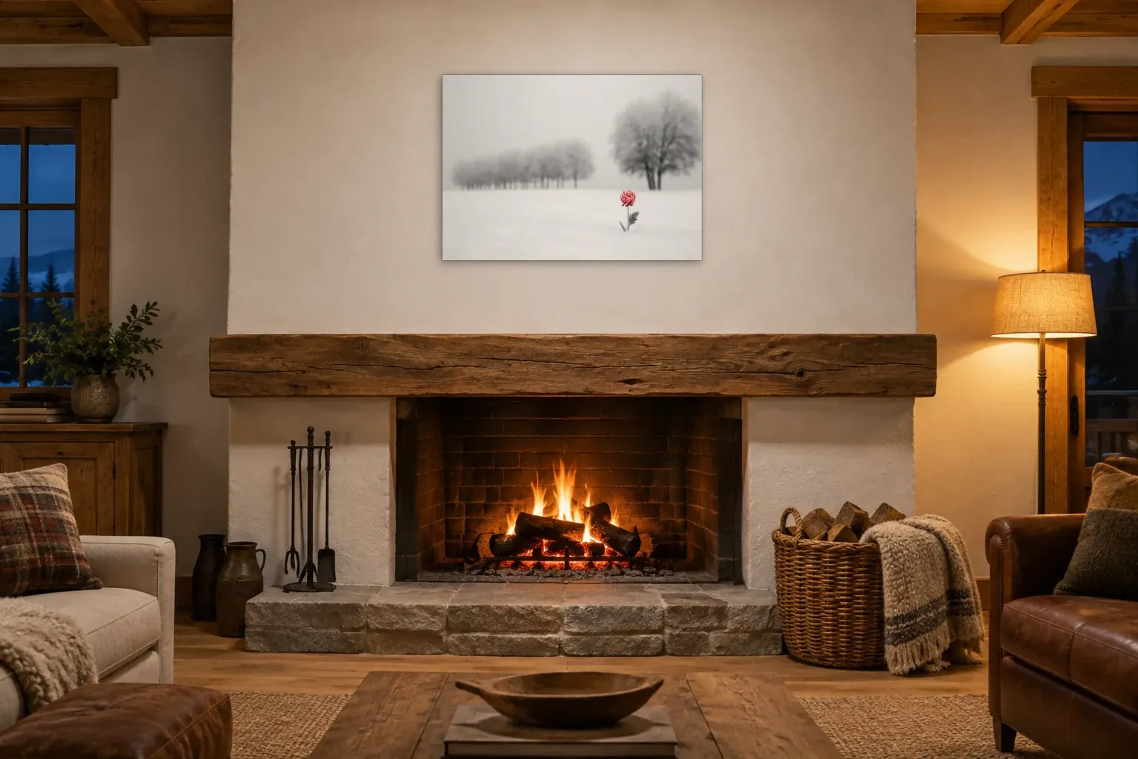 Winterrot im Schnee als Wandbild über einem 180-cm-Kaminsims
