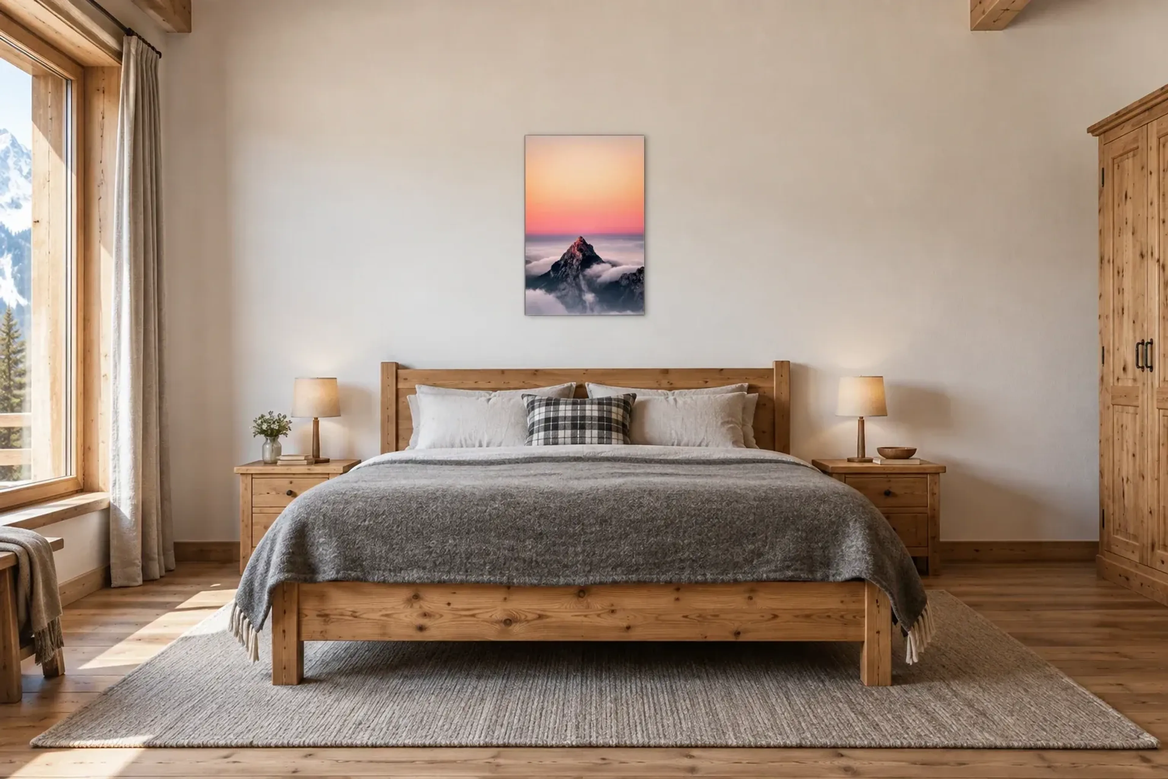 Gipfel über Wolken als Wandbild über einem 180-cm-Bett