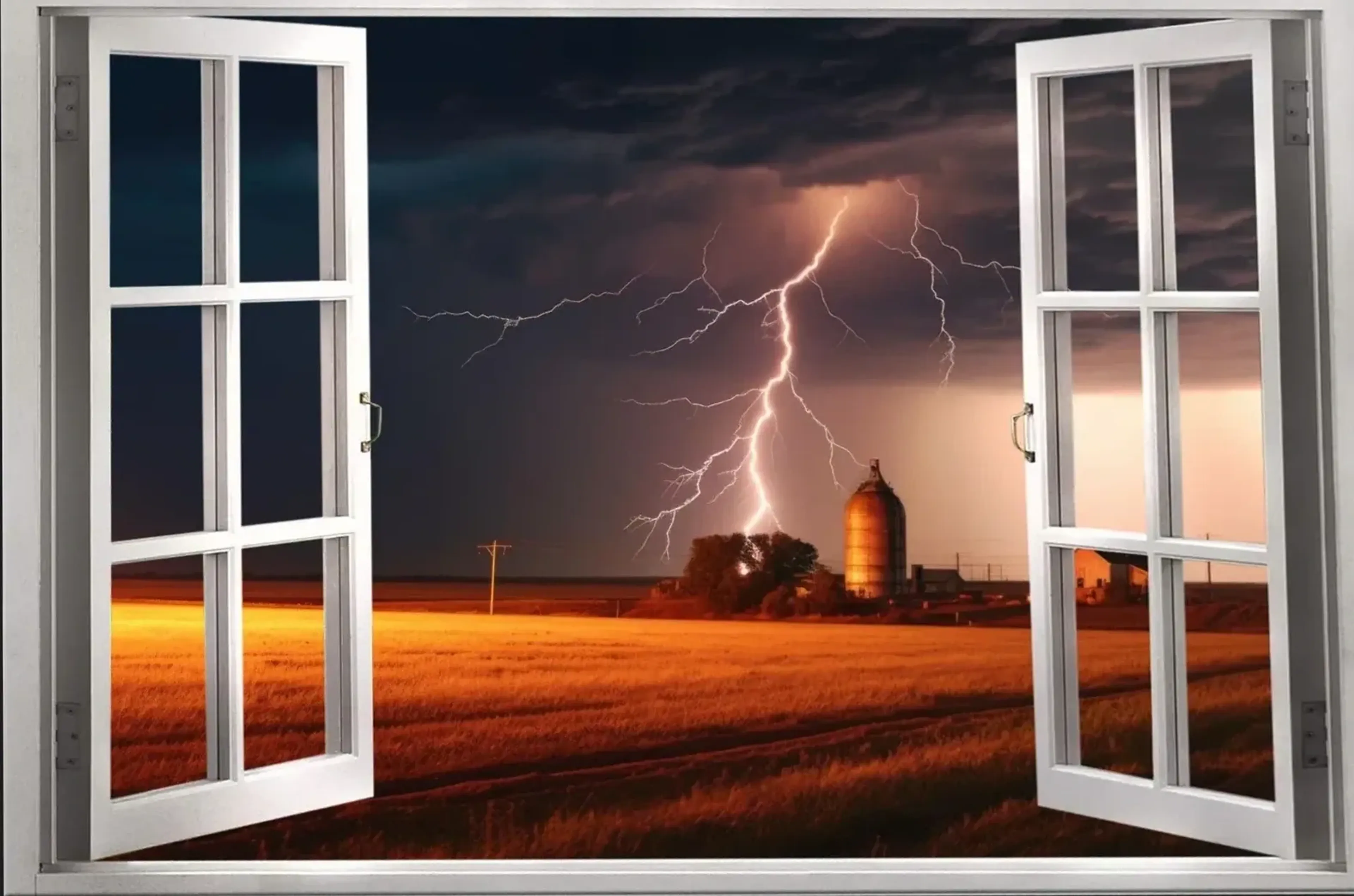 Offenes weißes Fenster mit Blick auf einen verzweigten Blitz über einem orangefarbenen Feld mit Silo.