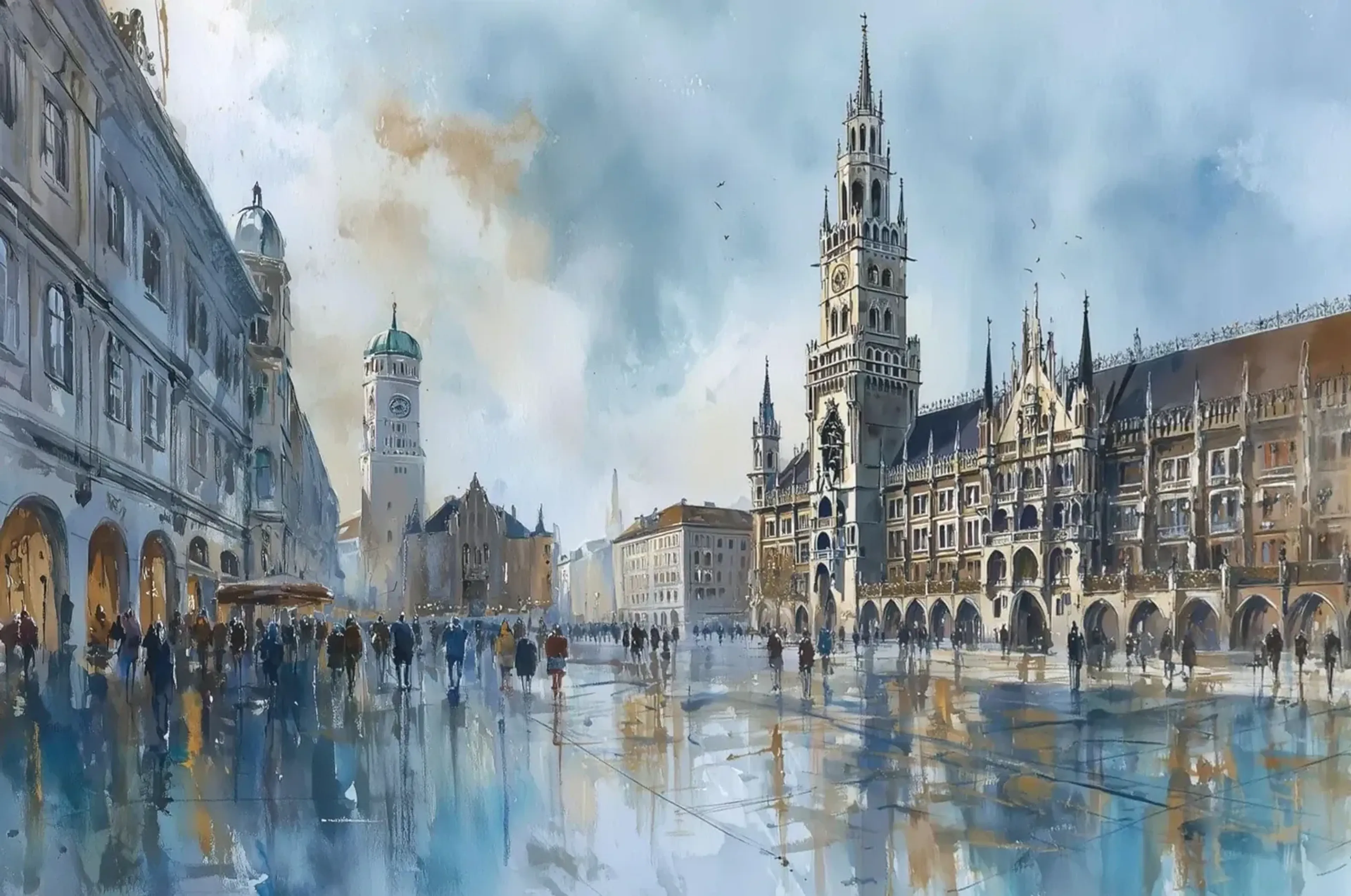 Menschen auf dem nassen Münchner Marienplatz vor dem Neuen Rathaus, mit sanften blauen und beigen Spiegelungen.