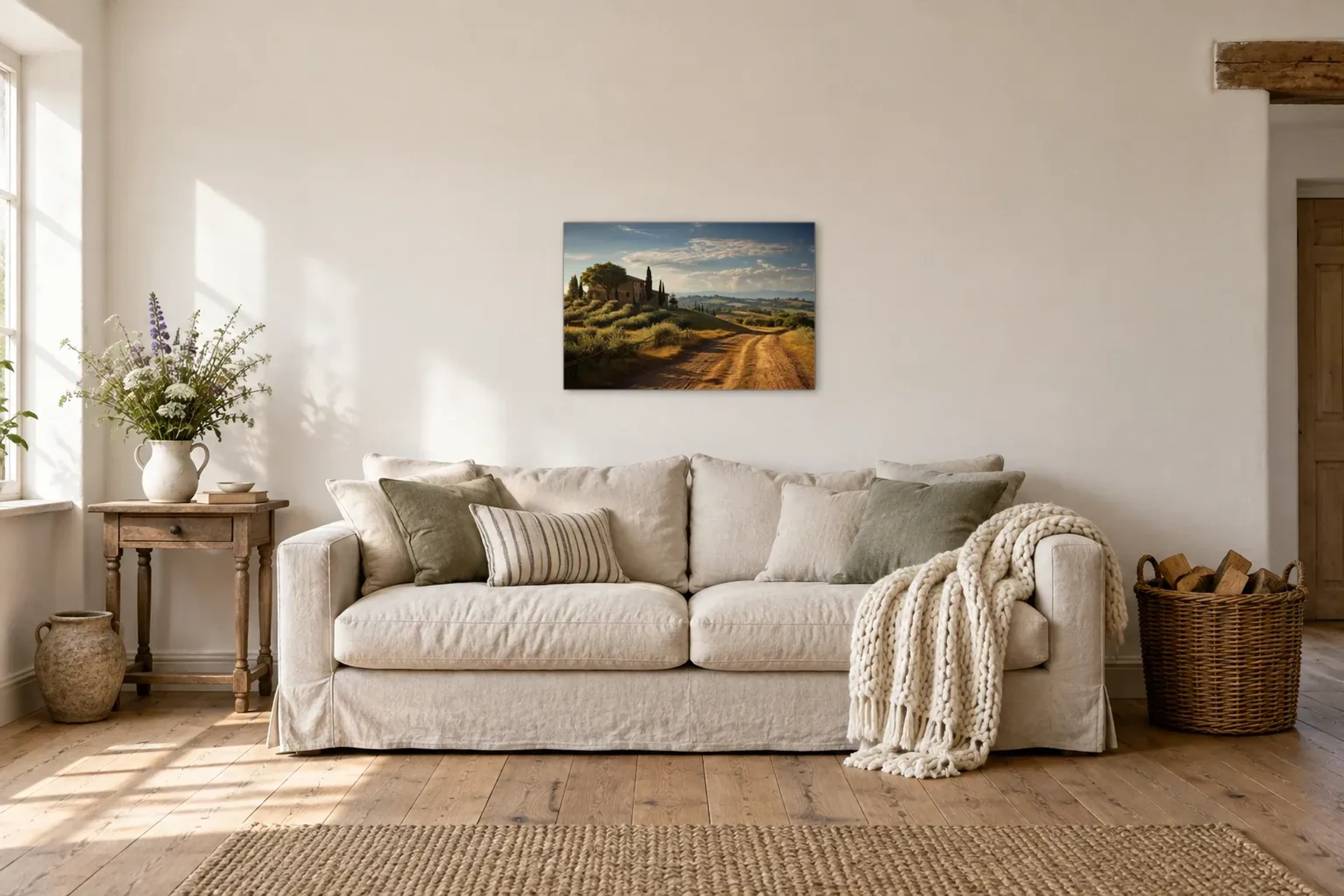 Toskana mit Haus als Wandbild über einem 220-cm-Sofa