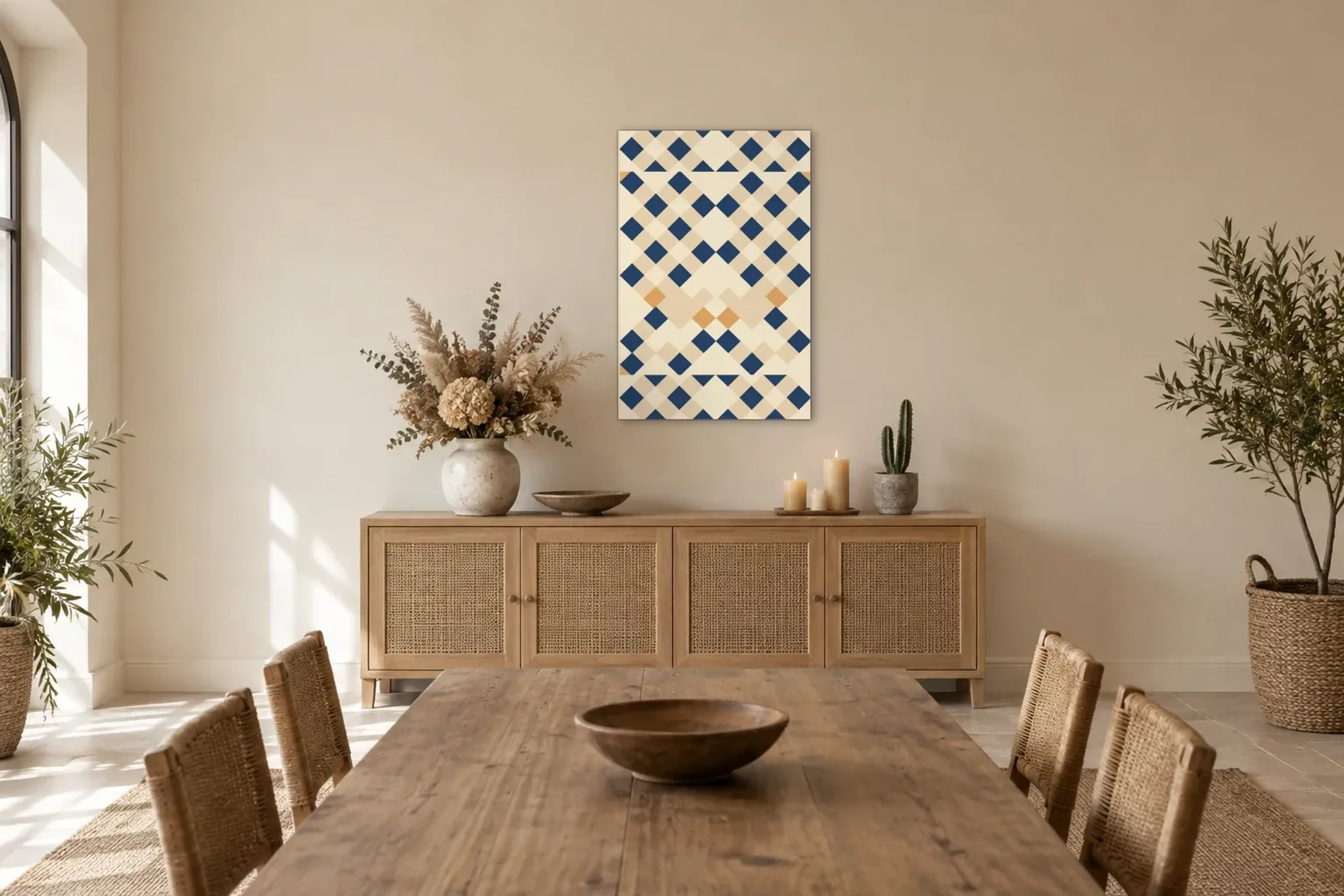 Rauten in Blau und Beige als Wandbild über einem 160-cm-Sideboard