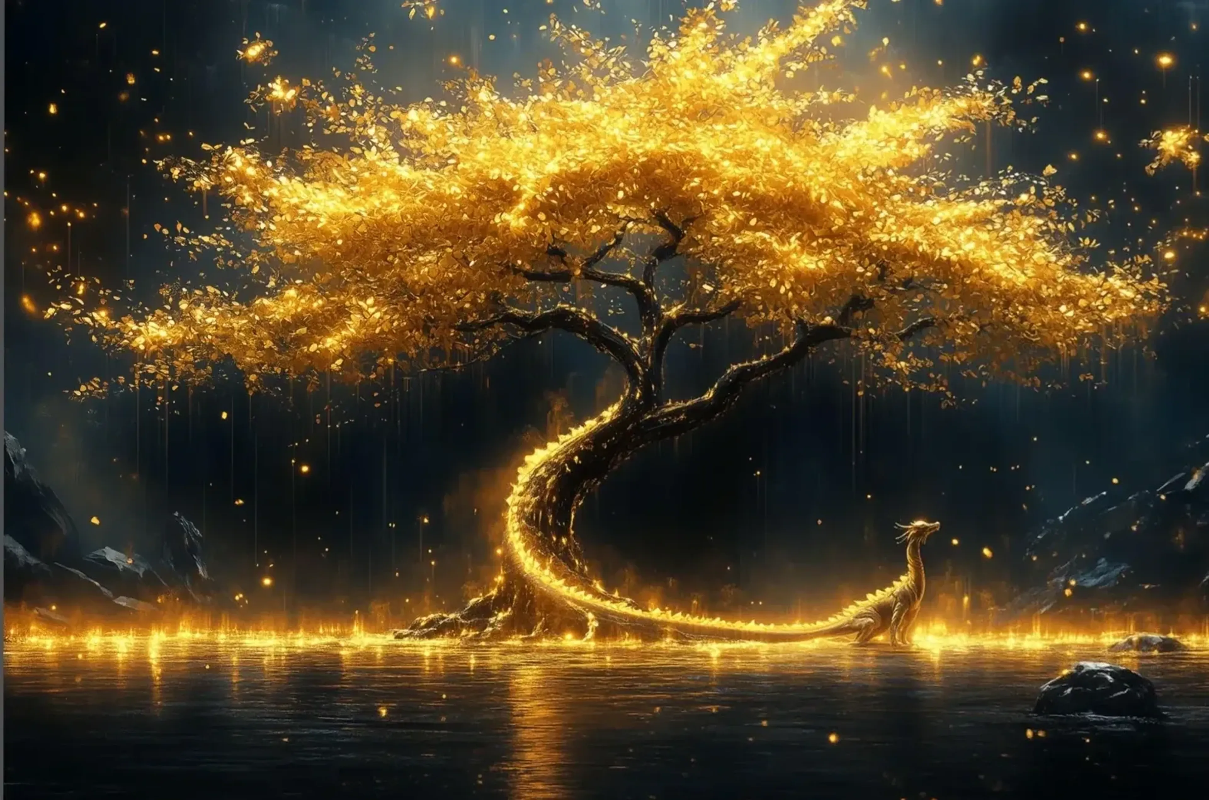 Ein goldener Drache windet sich um einen Baum mit leuchtender Krone über dunklem Wasser.