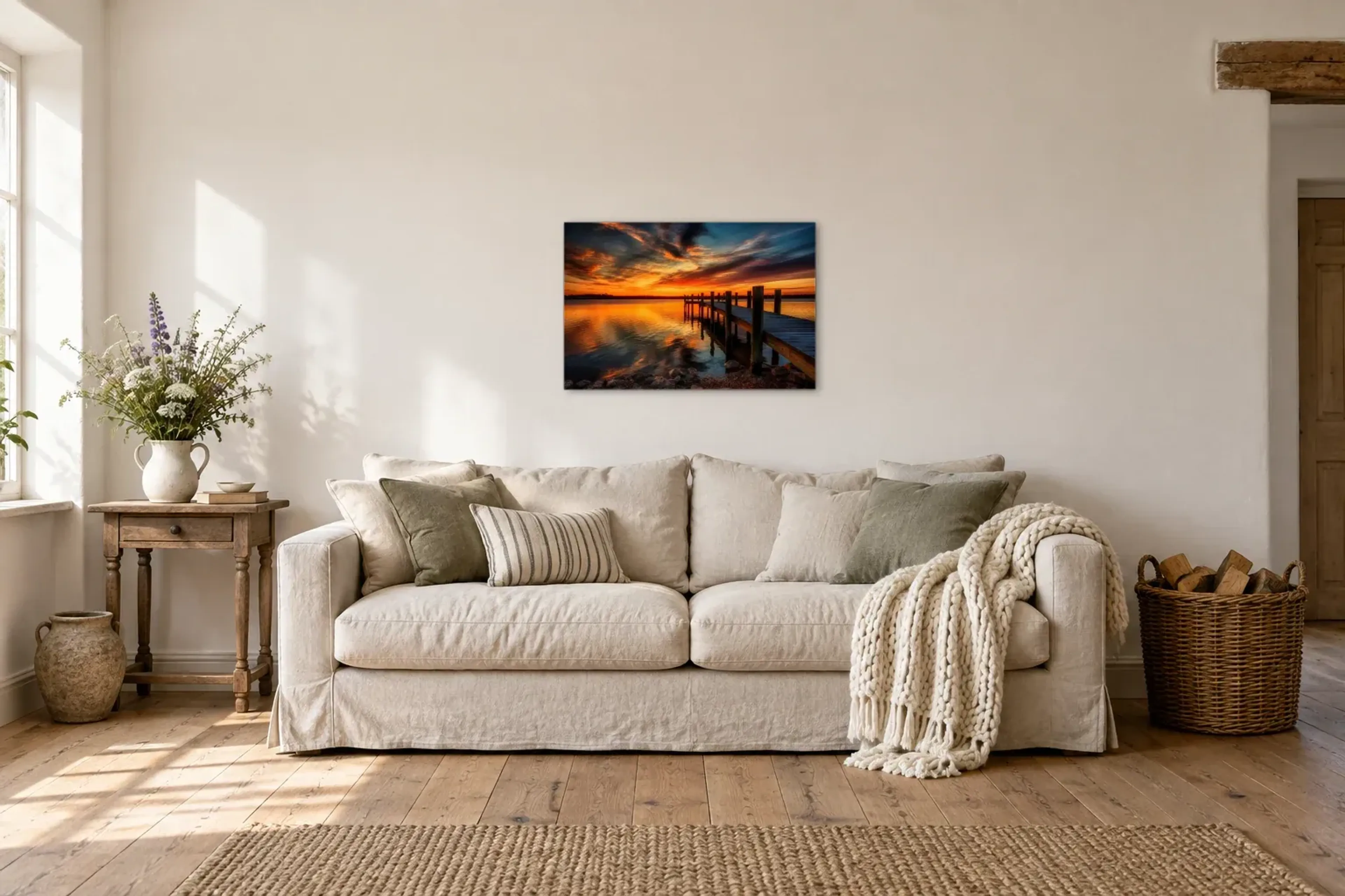 Steg unter Abendwolken als Wandbild über einem 220-cm-Sofa