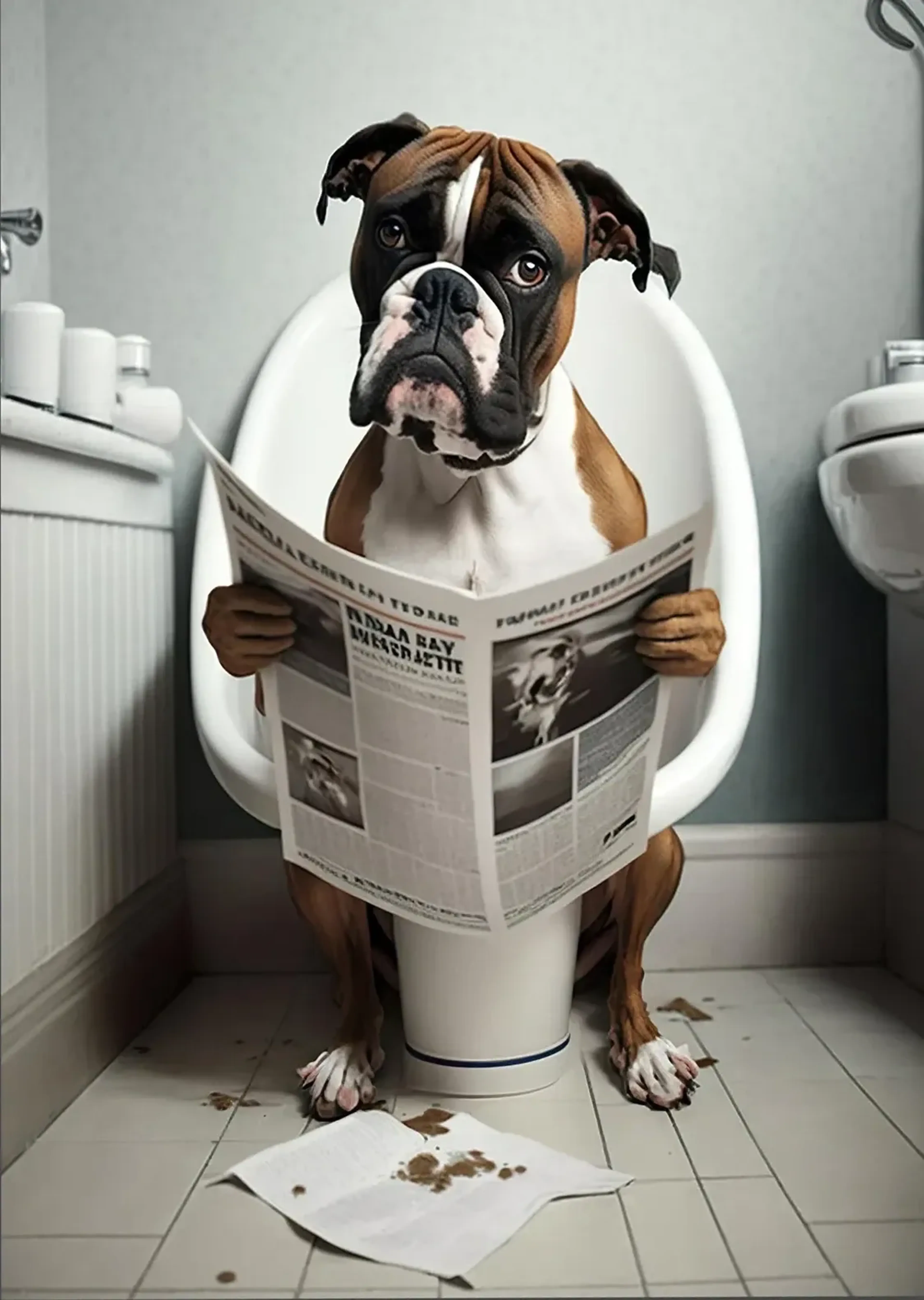 Ein braun-weißer Boxer sitzt mit Zeitung auf der Toilette; davor liegt Papier mit braunen Flecken.