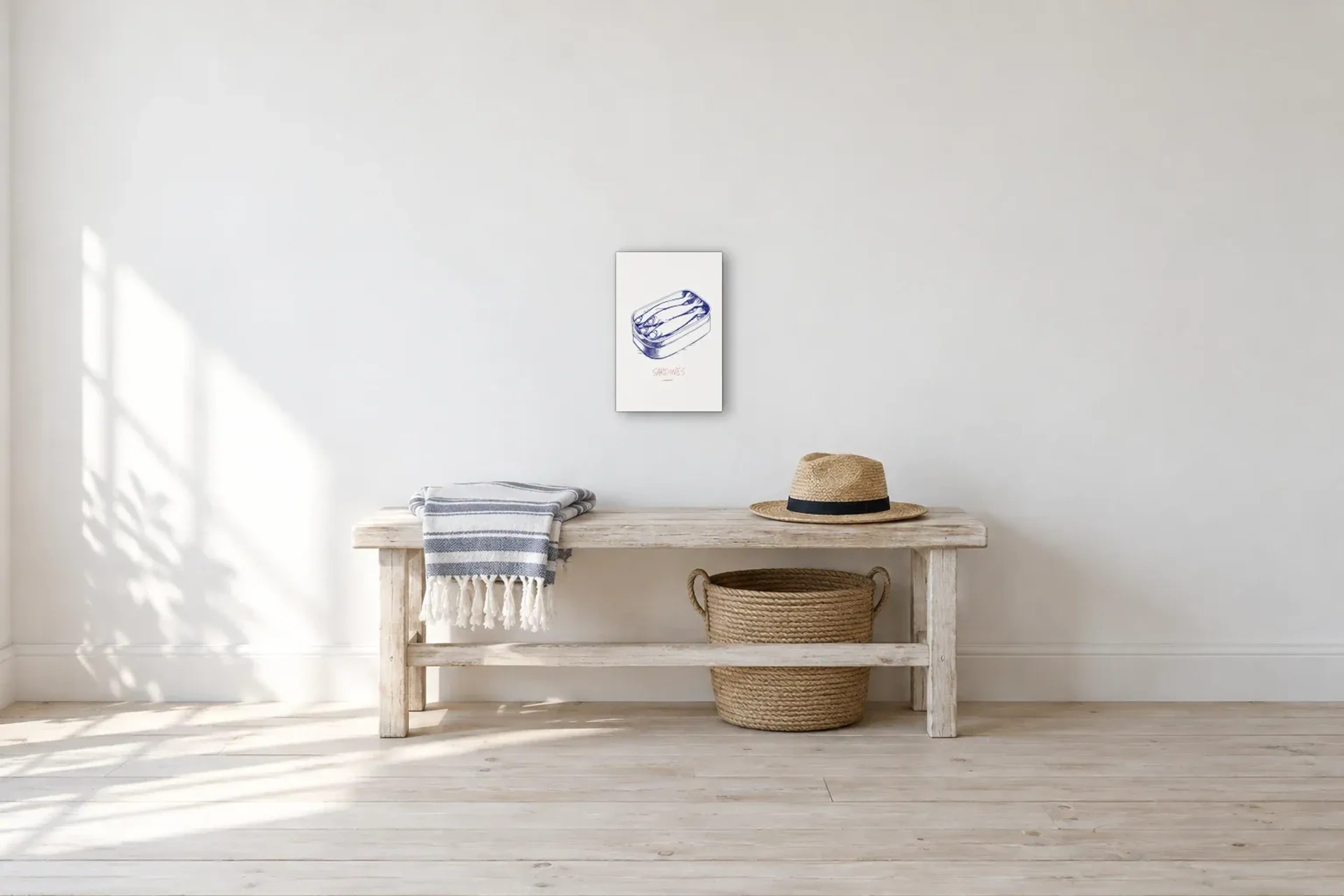 Sardinen in der Dose als Wandbild über einer 100-cm-Bank
