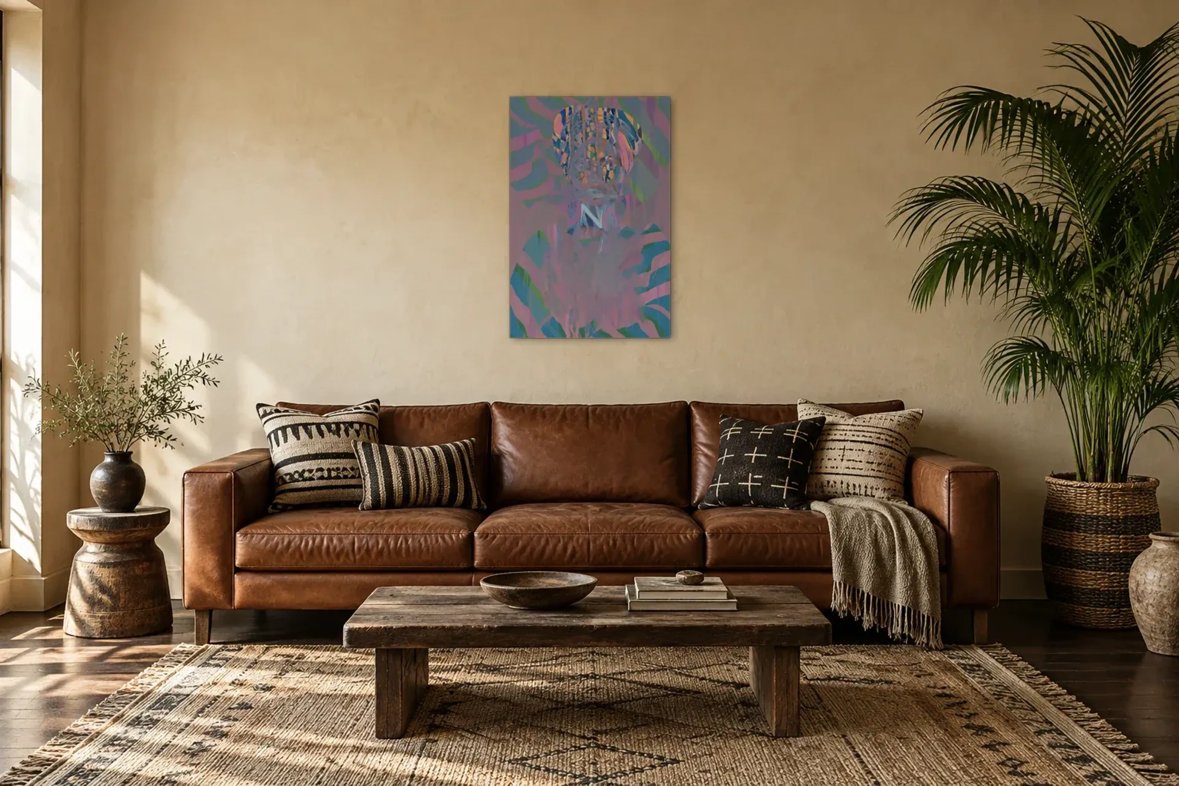 Porträt mit gemustertem Kopftuch als Wandbild über einem 220-cm-Sofa