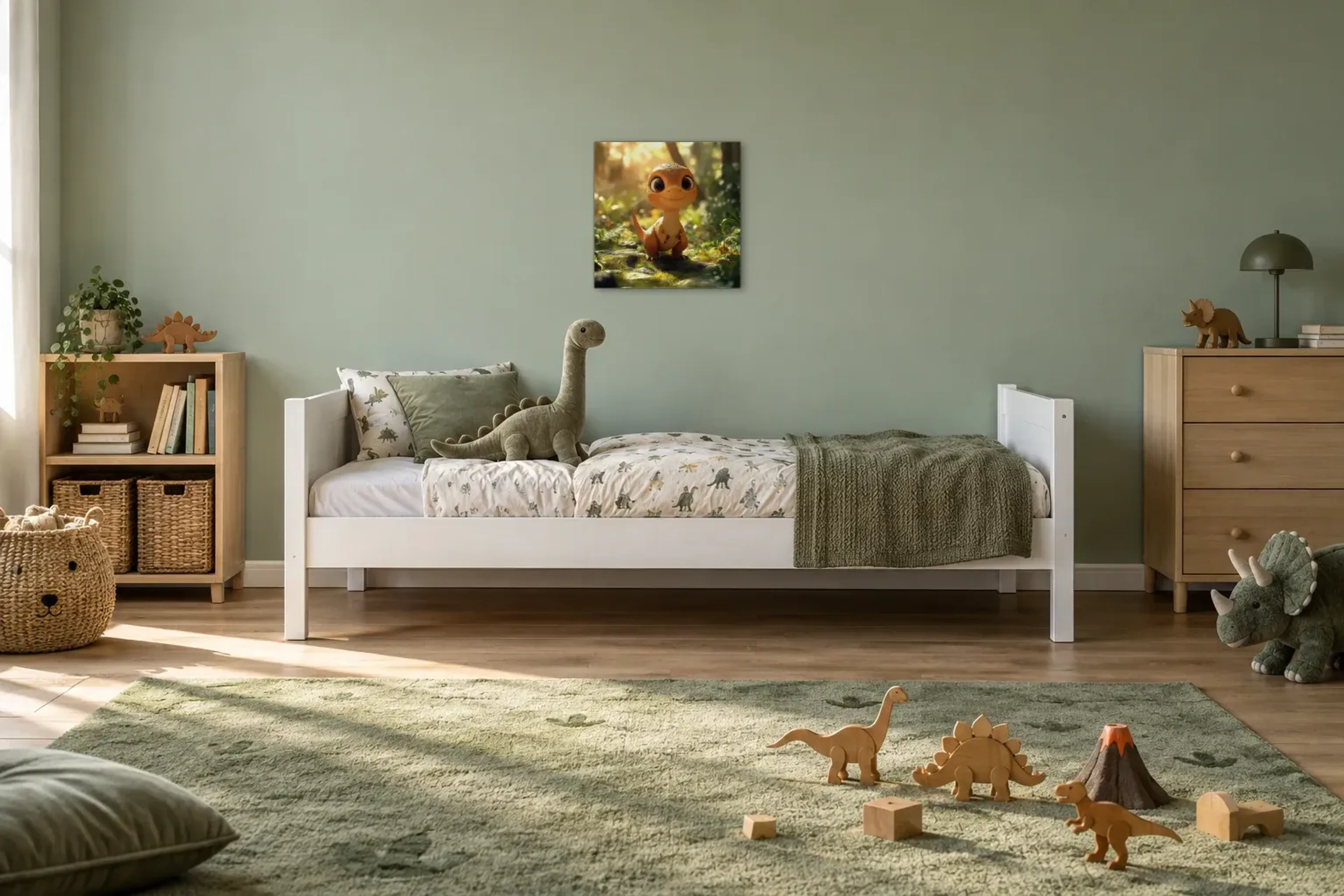 Kleiner Dino auf Moos als Wandbild über einem 200-cm-Kinderbett