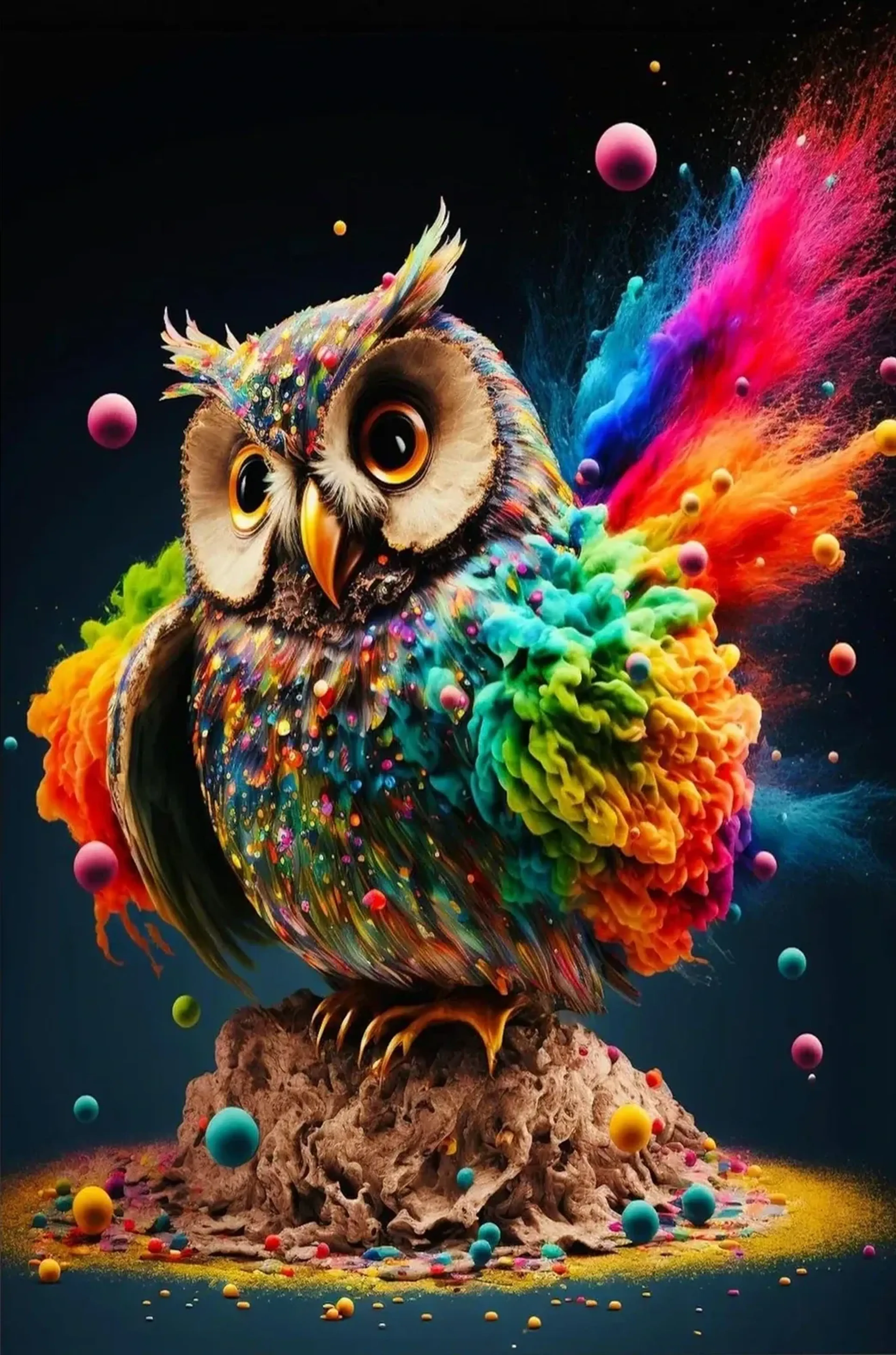 Eine bunte Eule mit großen orangefarbenen Augen sitzt zwischen farbigen Wolken, Spritzern und schwebenden Kugeln.