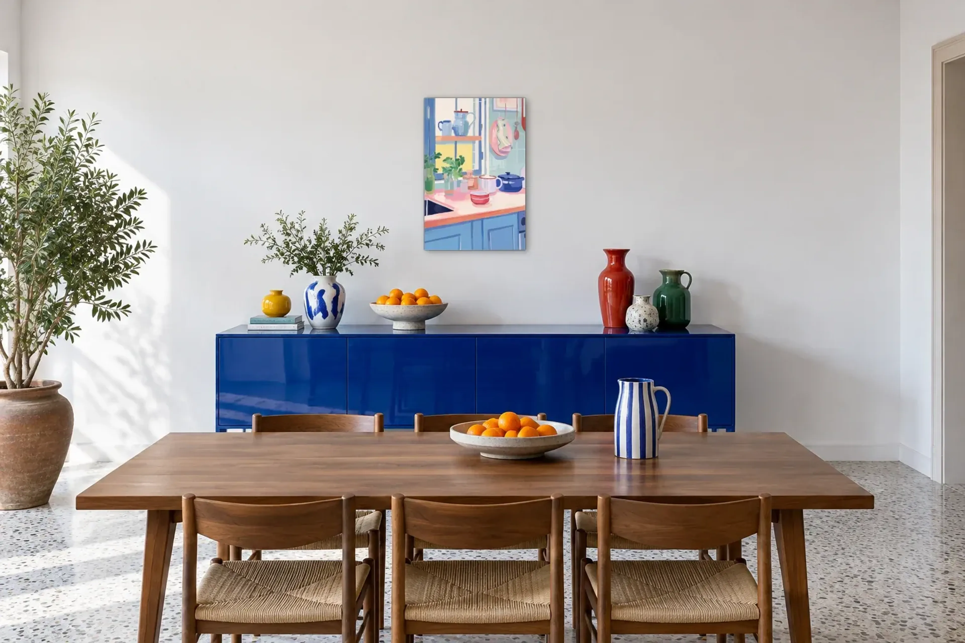 Rote Tasse am Küchenfenster als Wandbild über einem 180-cm-Sideboard