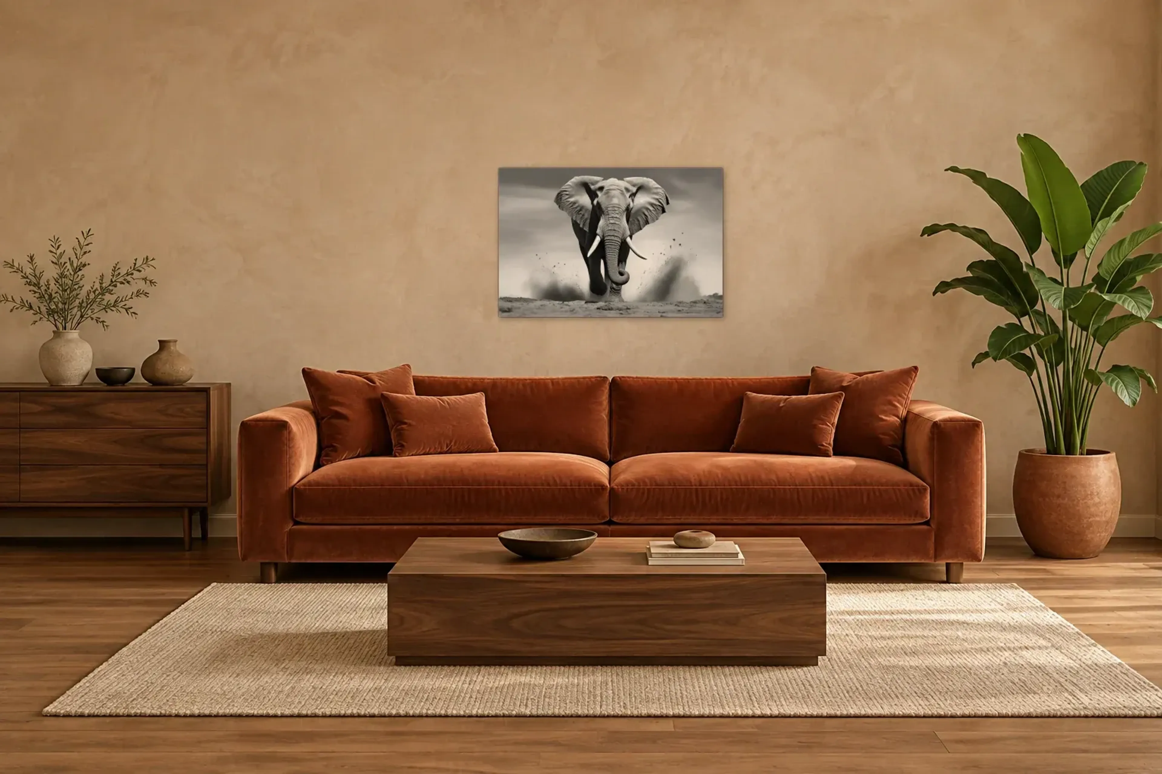 Elefant in Schwarz-Weiß als Wandbild über einem 220-cm-Sofa