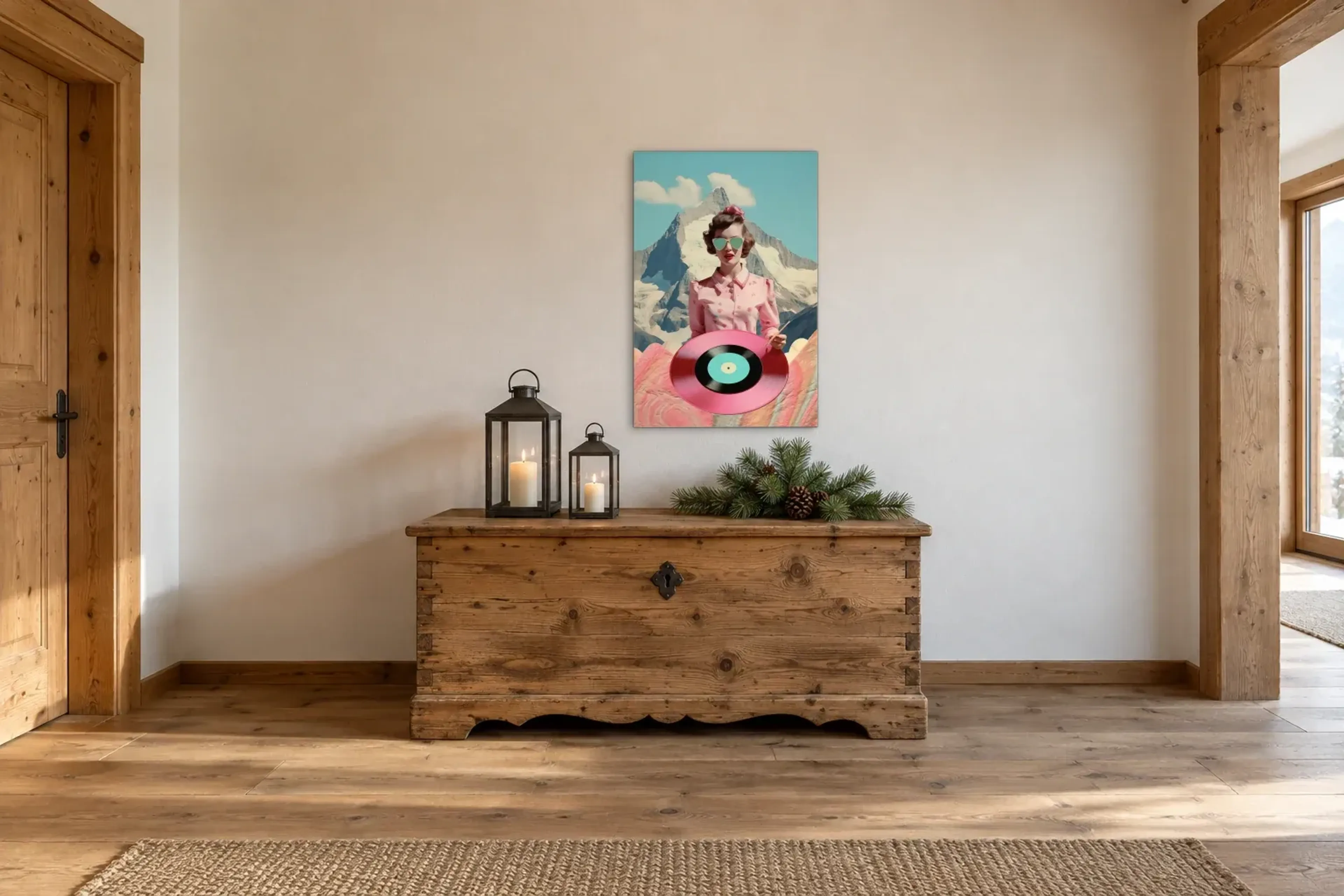 Frau mit rosa Schallplatte als Wandbild über einer 140-cm-Truhe