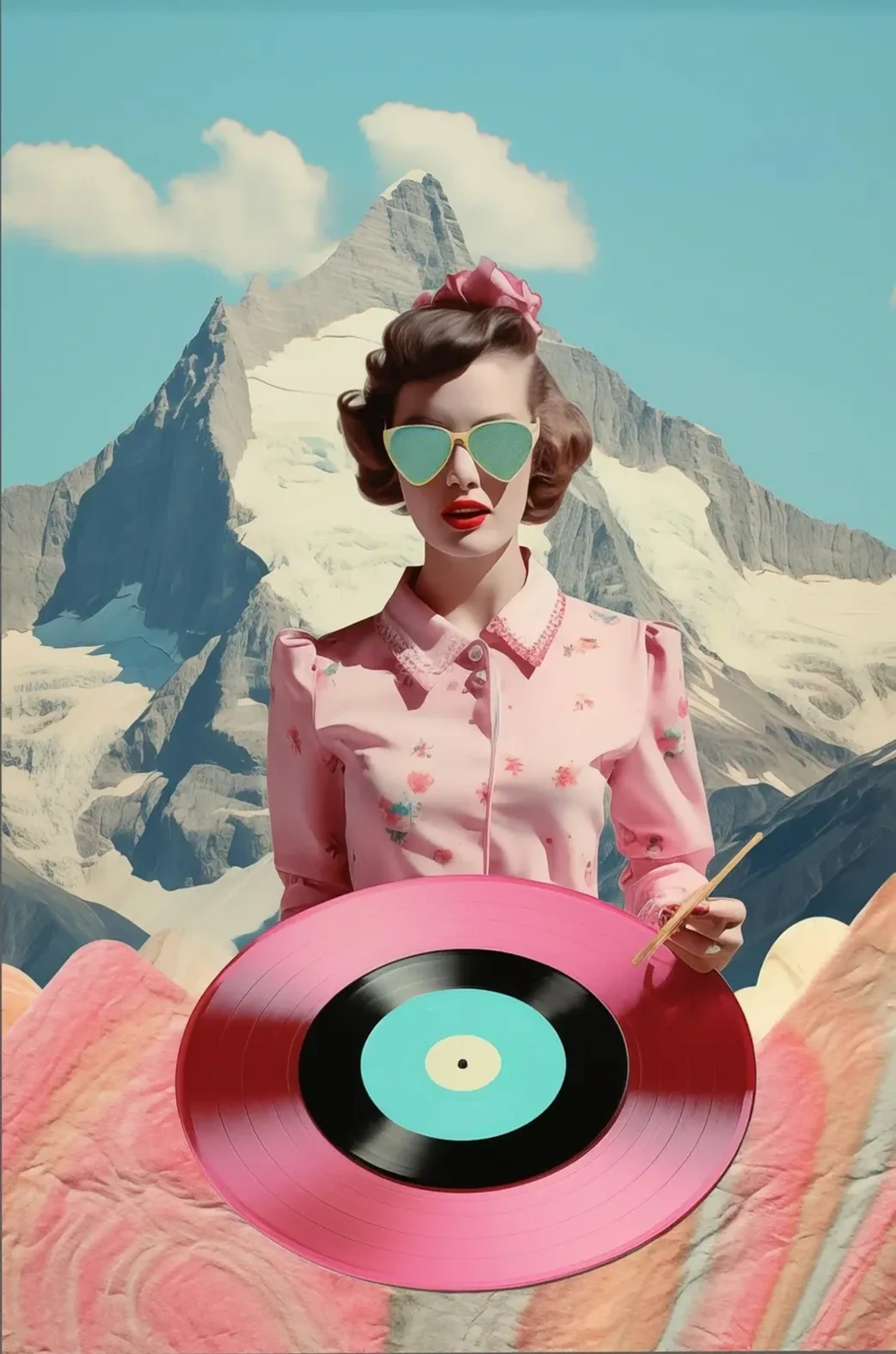 Frau mit herzförmiger Sonnenbrille und großer rosa Schallplatte vor verschneiten Bergen.