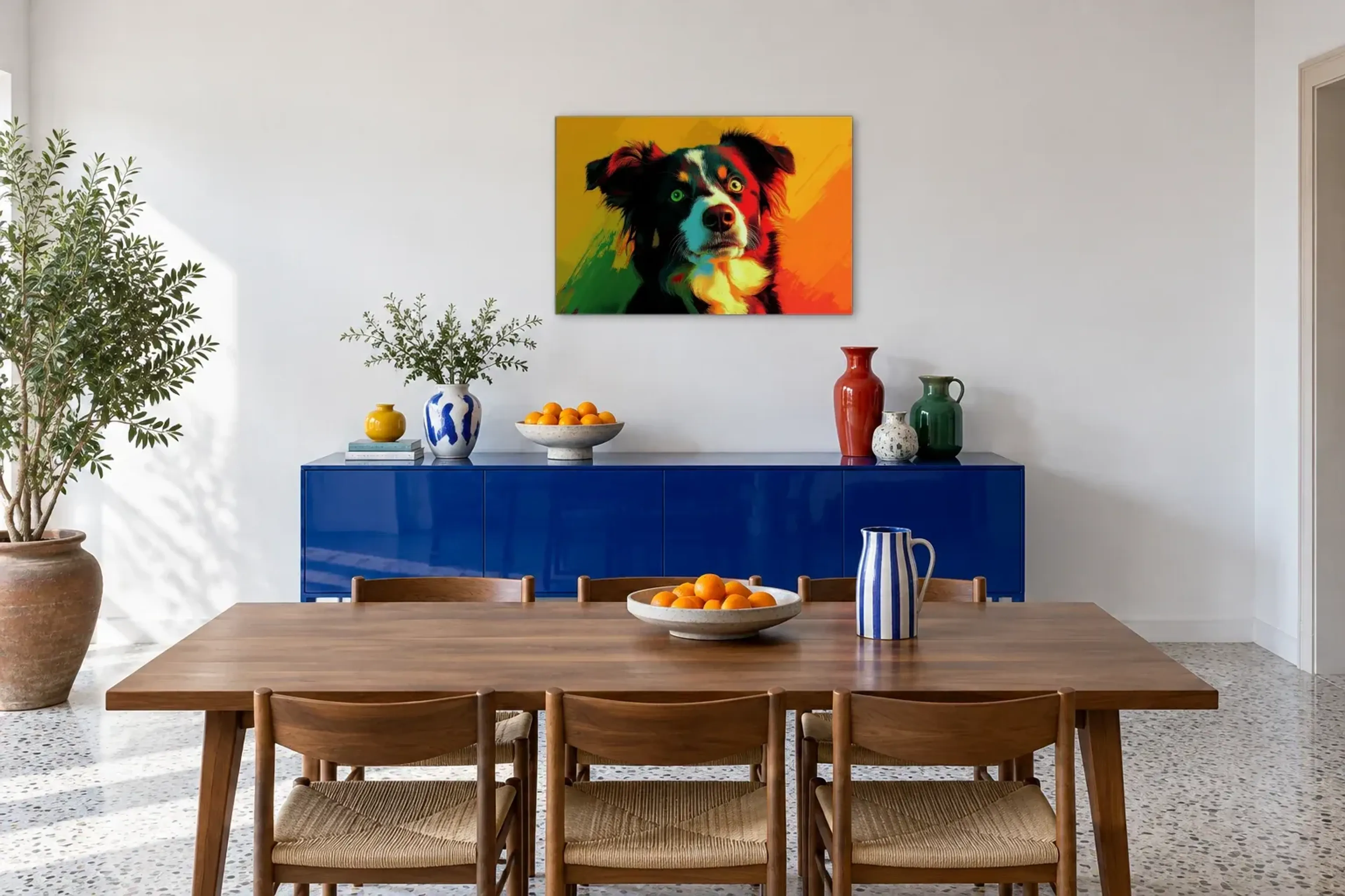 Australian Shepherd als Wandbild über einem 180-cm-Sideboard