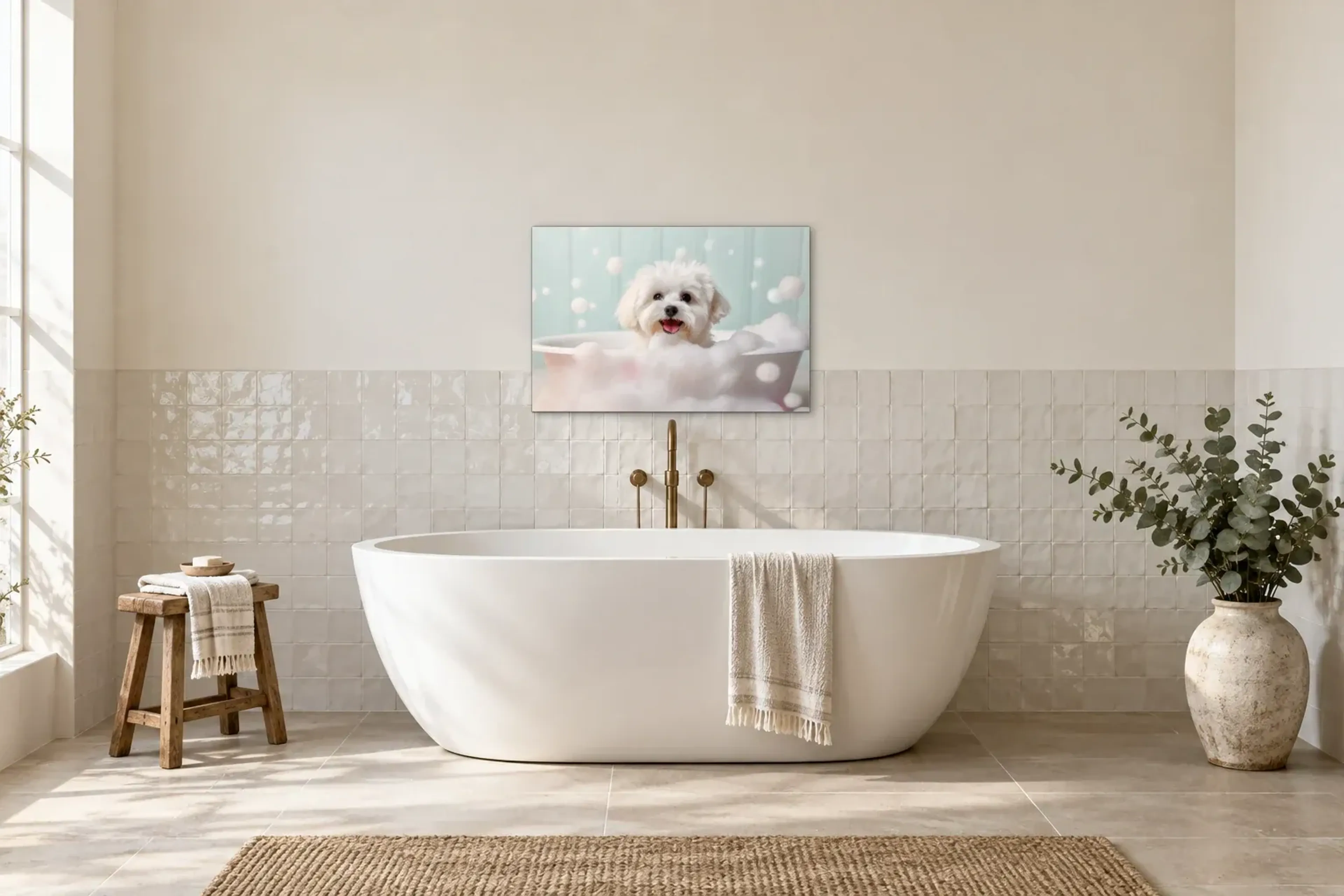 Malteser im Schaumbad als Wandbild über einer 170-cm-Badewanne