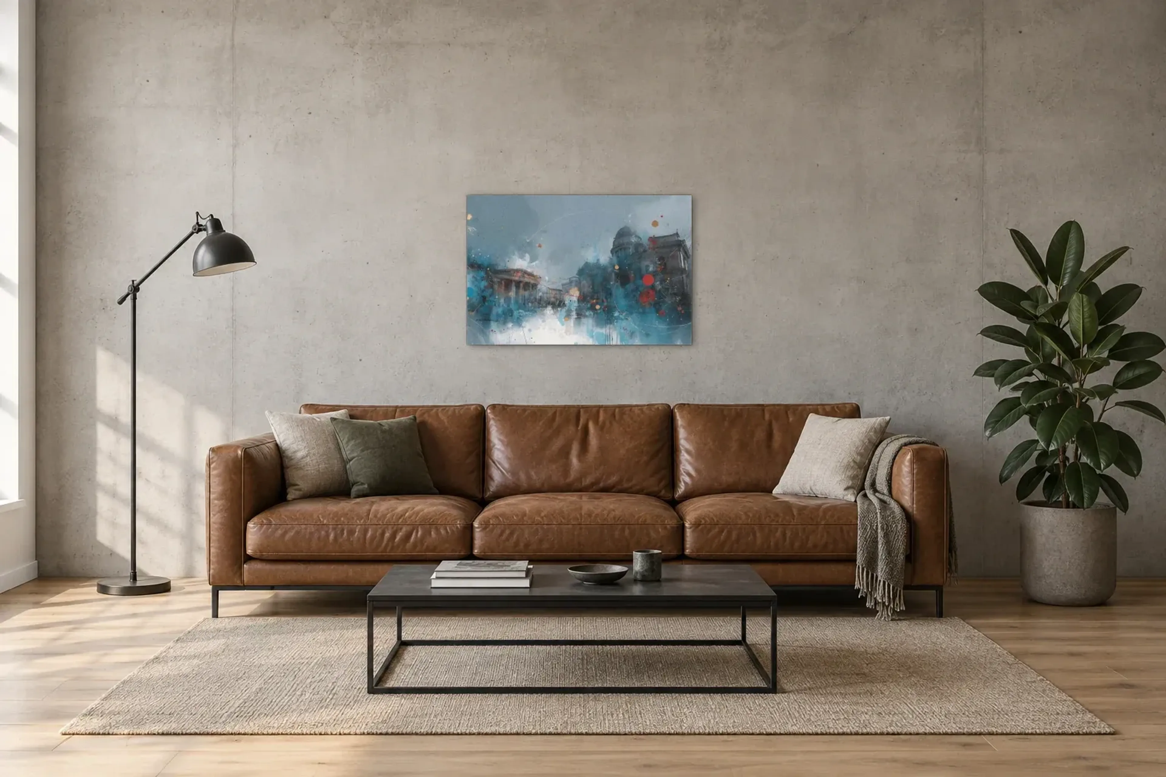 Stadtarchitektur im Farbnebel als Wandbild über einem 220-cm-Sofa
